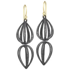 John Iversen Double Apartment Drop Oxidized Sterling Silver Gold Dangle Earrings