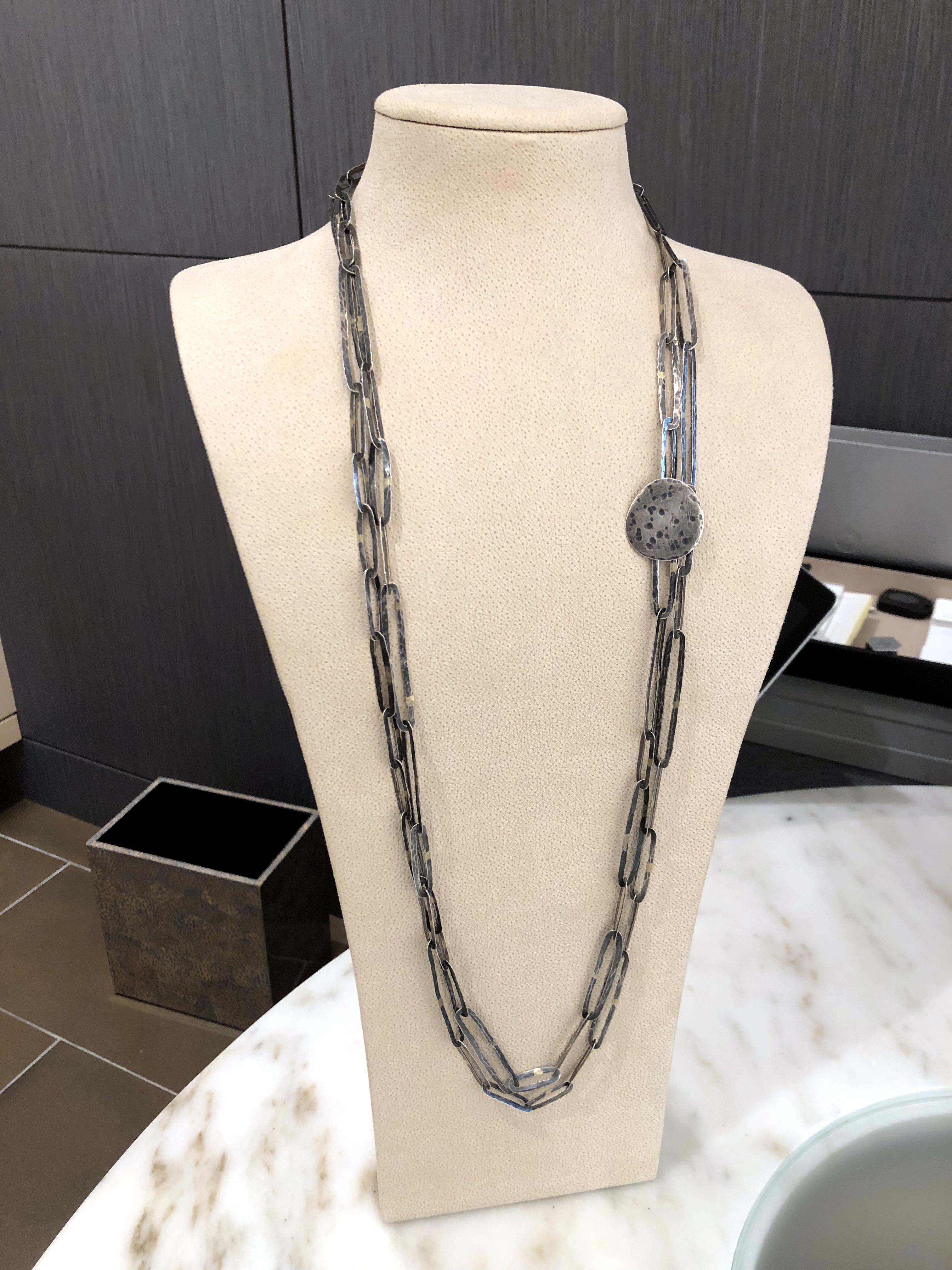 One of a Kind Extra Long Chain Link Necklace (79 inch) handcrafted by renowned jewelry artist John Iversen featuring an assortment of oxidized sterling silver and 18k yellow gold links with a dimpled button clasp. Doubled, tripled, as a lariat, a