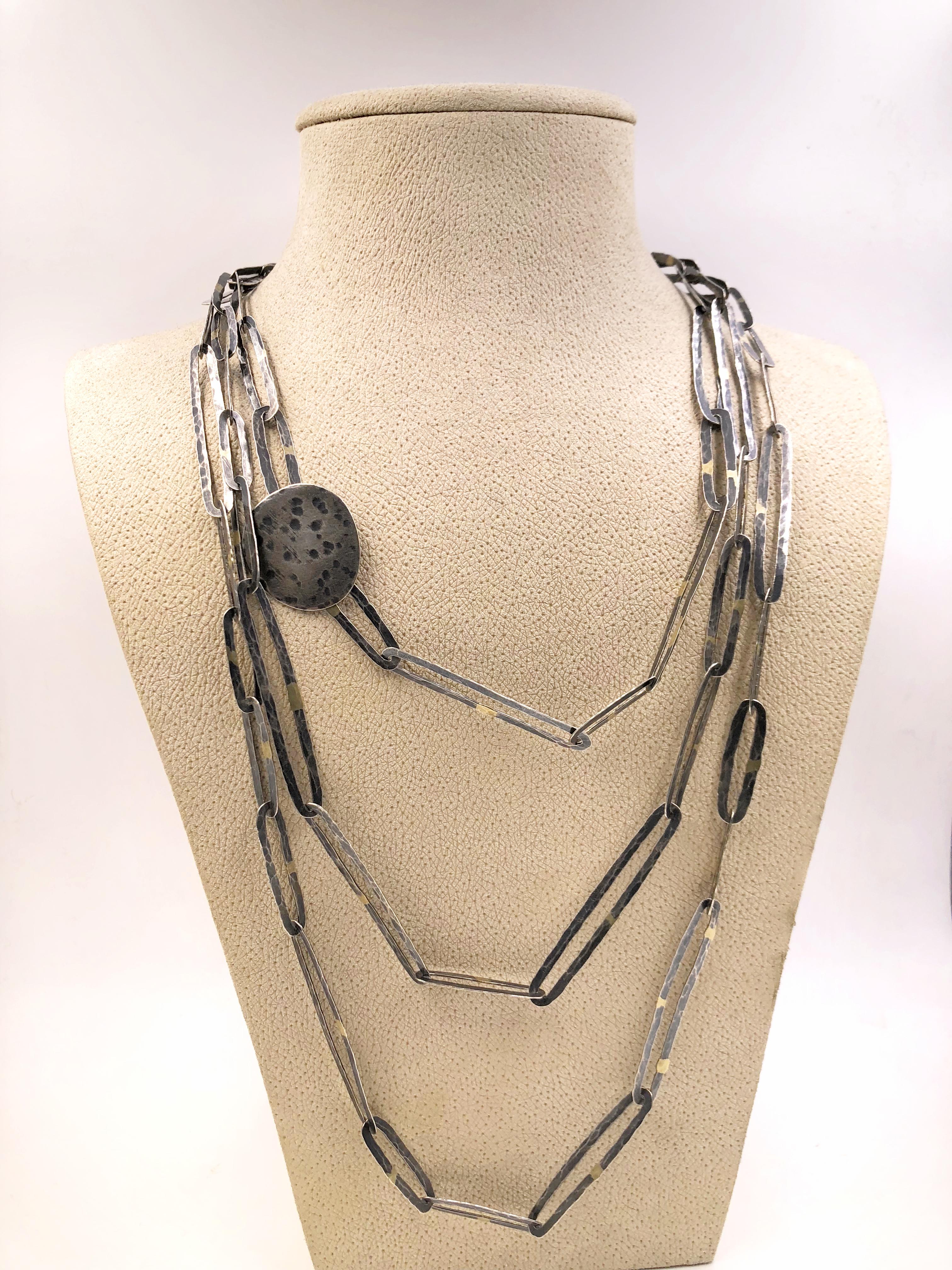 Artist John Iversen Extra Long One of a Kind Oxidized Silver Gold Chain Link Necklace