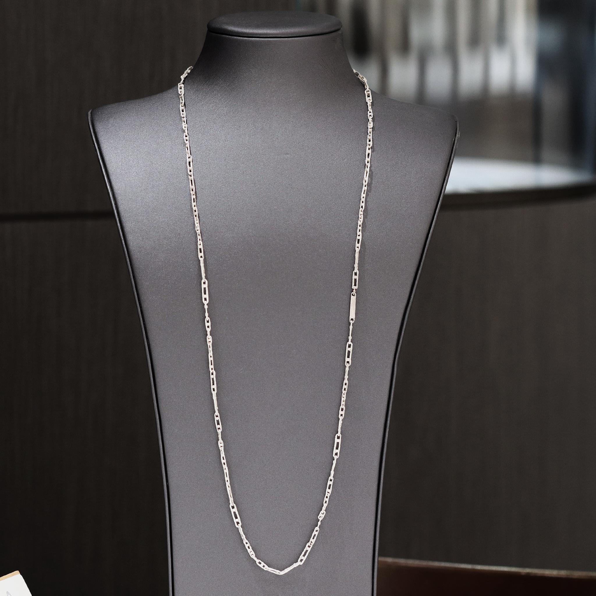One of a kind Double Dot Links Chain by award-winning, legendary jewelry maker John Iversen, hand-fabricated in his signature, finely-textured and distinctly-toned sterling silver featuring 36 inches of intricate, handmade links interconnected and