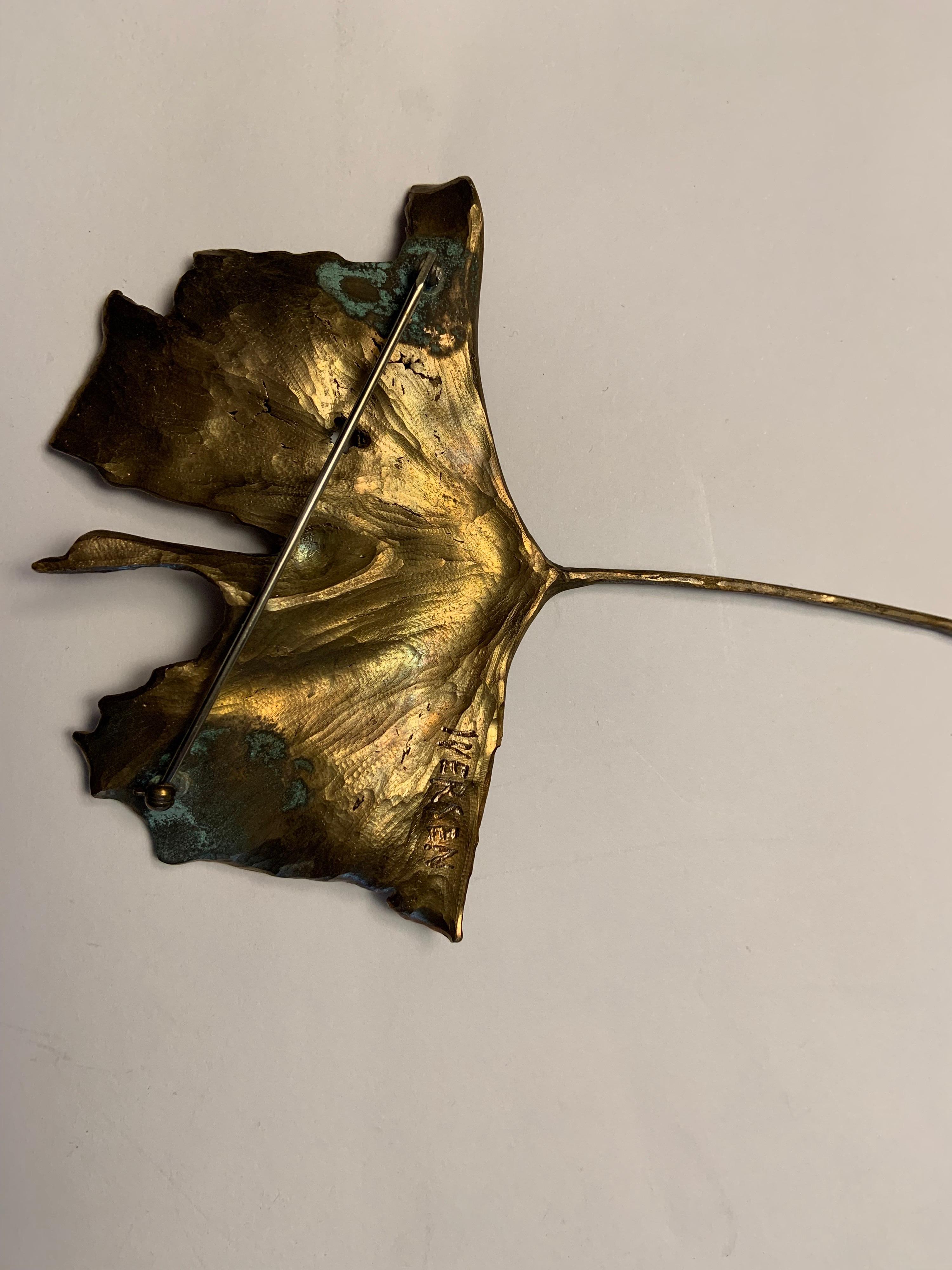John Iversen Patinated Bronze Gingko Leaf Brooch 3