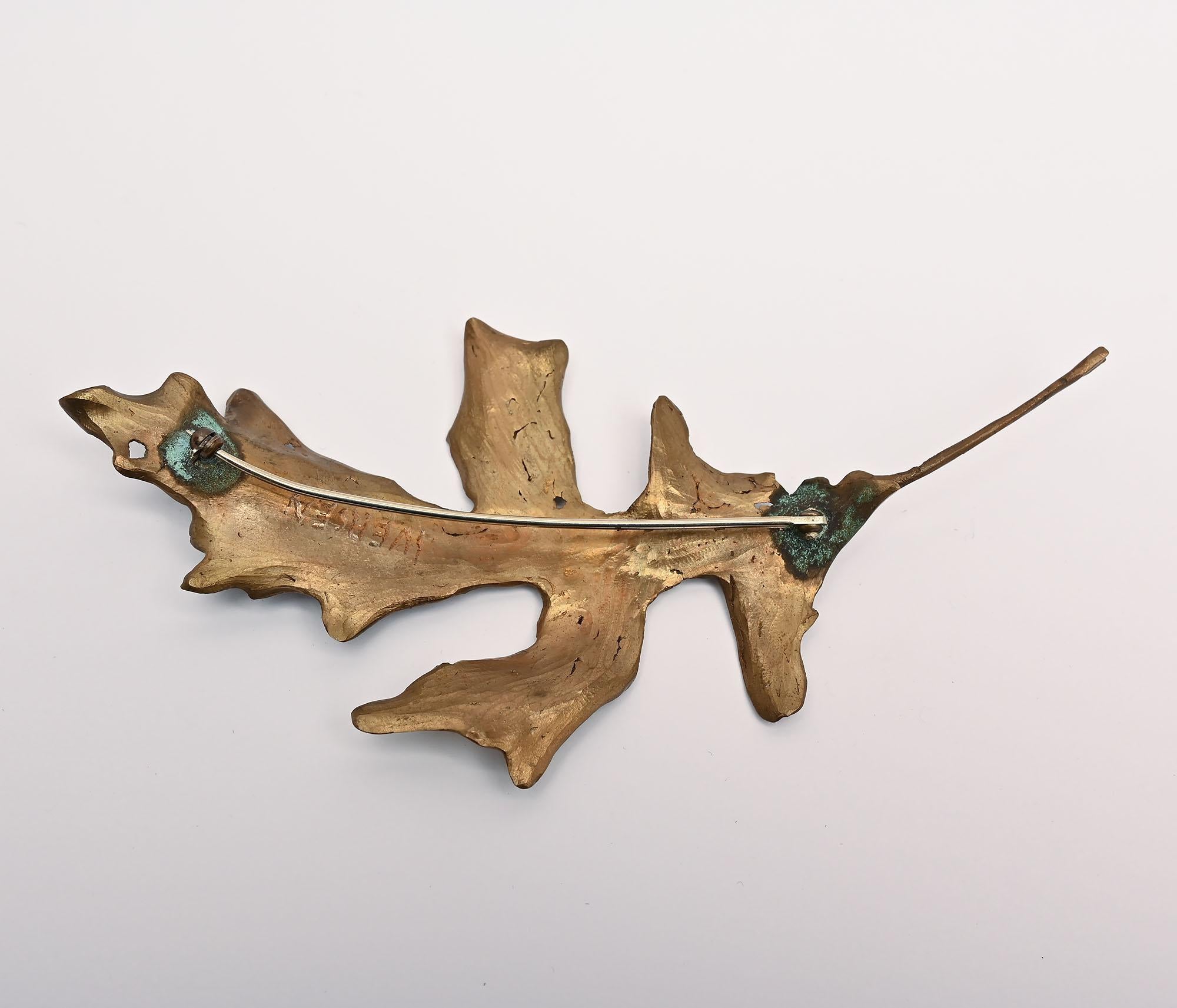 John Iversen Patinated Bronze Leaf Brooch In Excellent Condition For Sale In Darnestown, MD