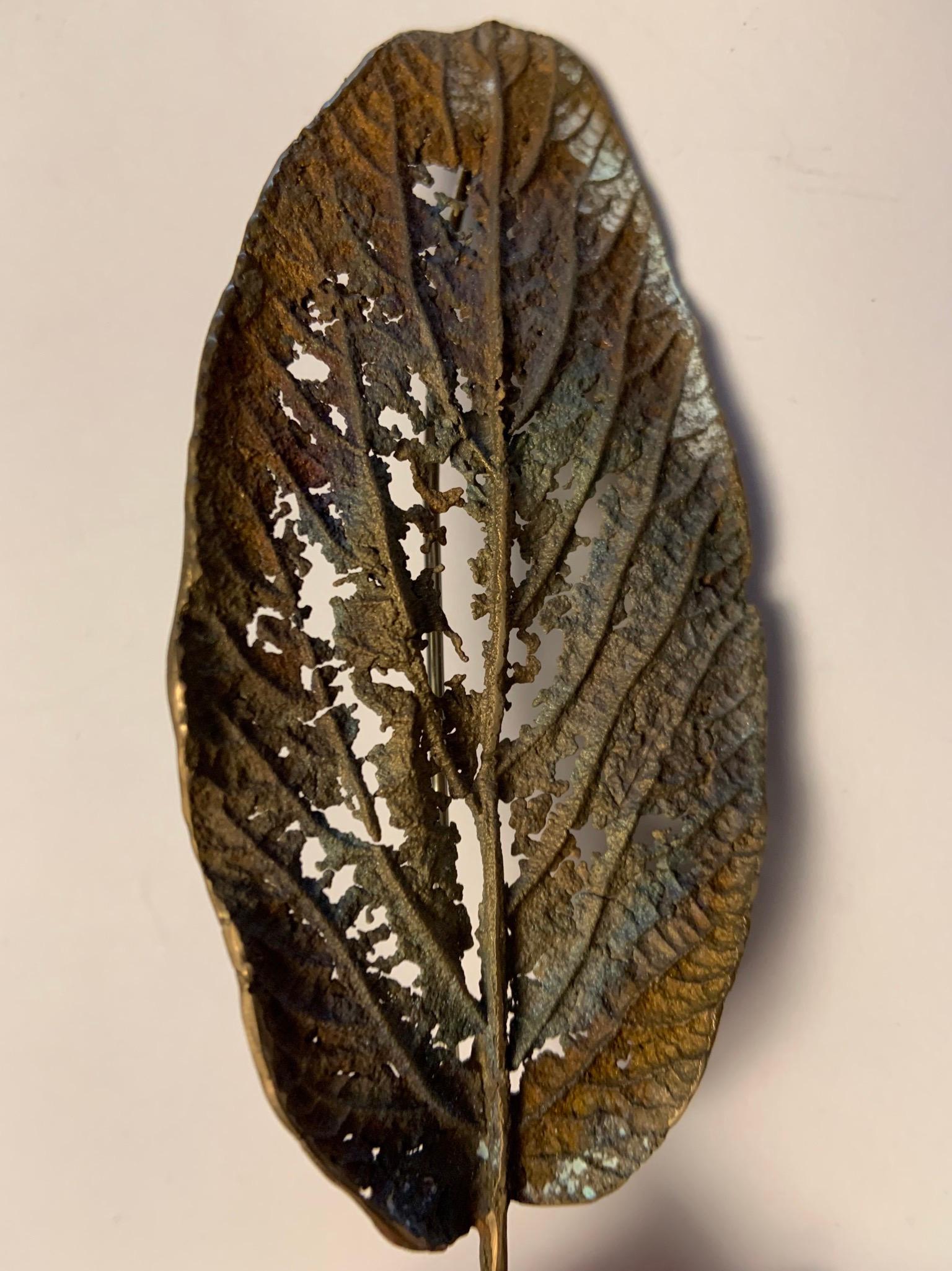 Contemporary John Iversen Patinated Bronze Leaf Brooch with Delicate Lacy Openwork 