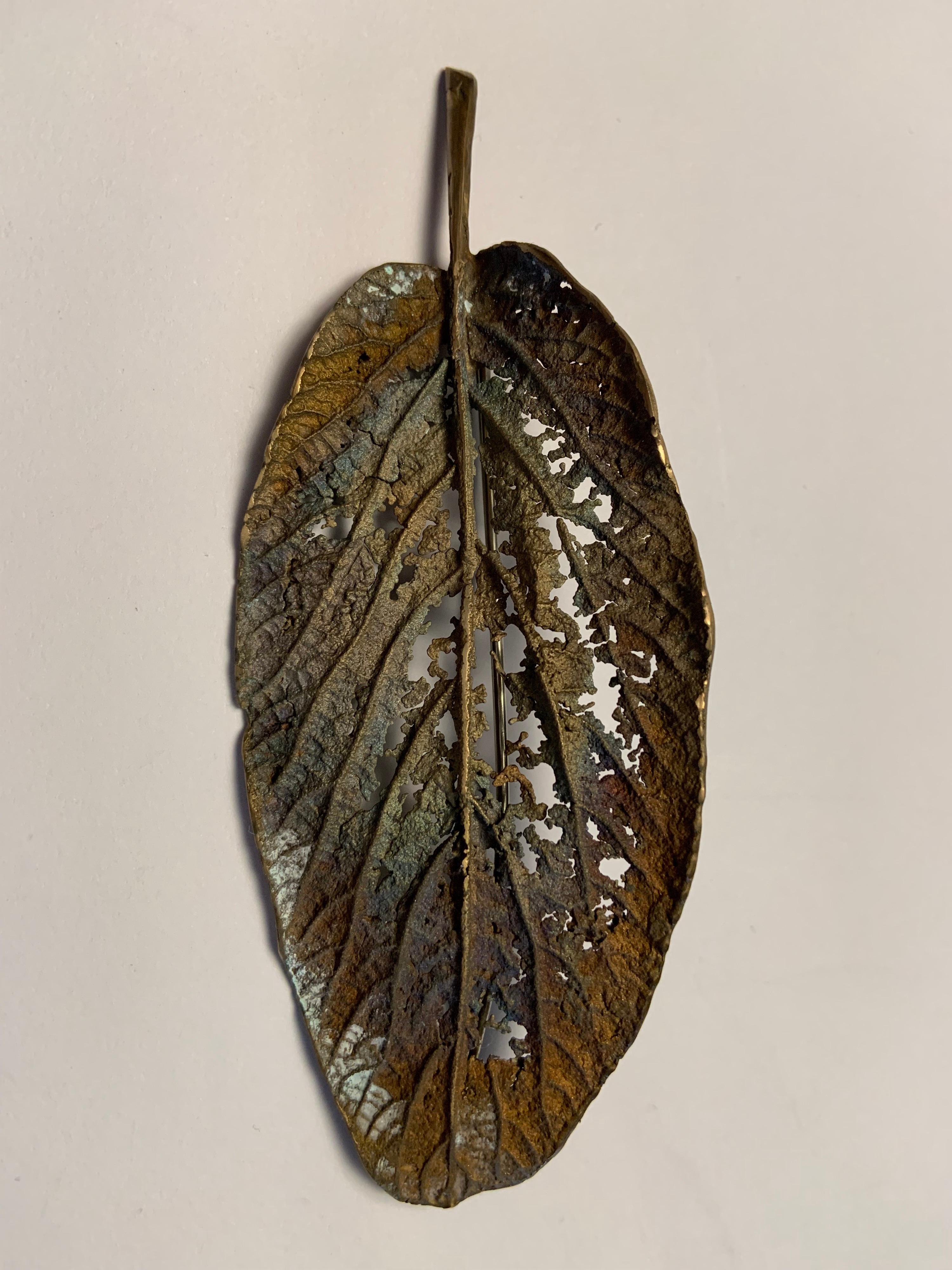 Women's or Men's John Iversen Patinated Bronze Leaf Brooch with Delicate Lacy Openwork 