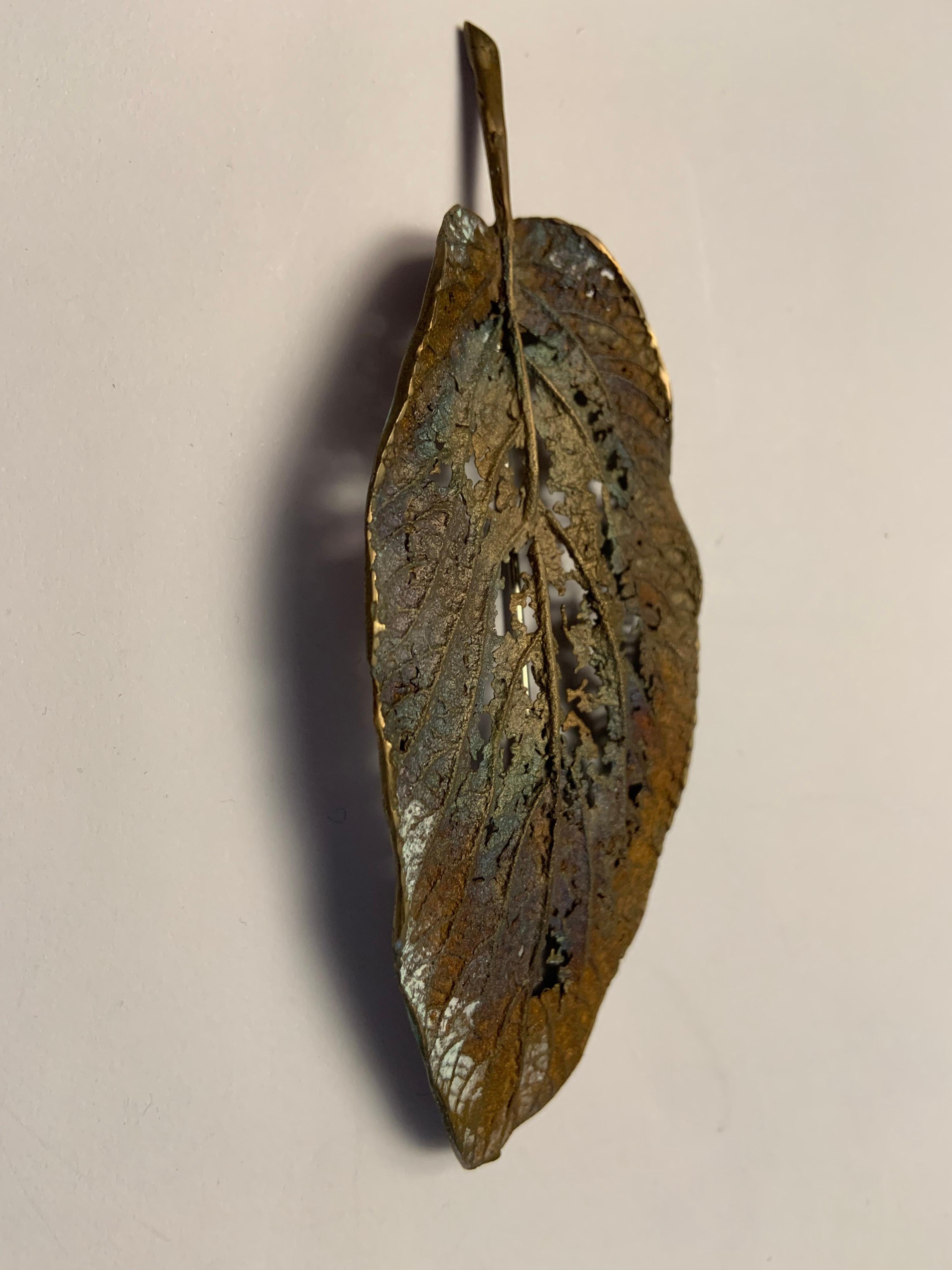 John Iversen Patinated Bronze Leaf Brooch with Delicate Lacy Openwork  1