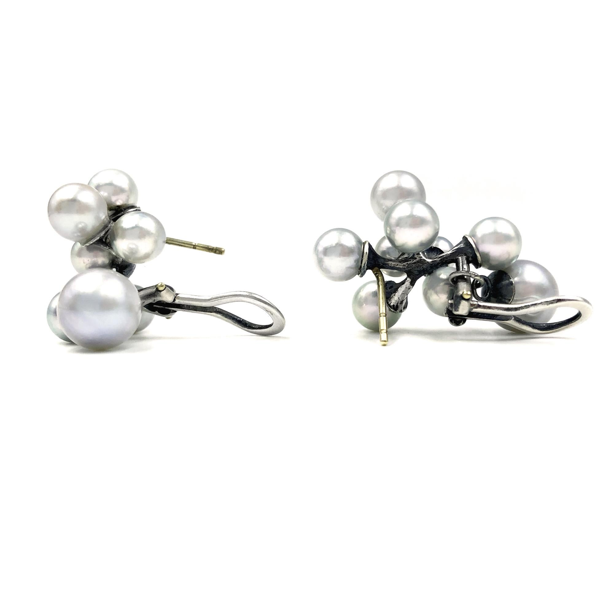 John Iversen Silver Akoya Pearl Jacks Dangle Drop Omega Back Earrings In New Condition In Dallas, TX