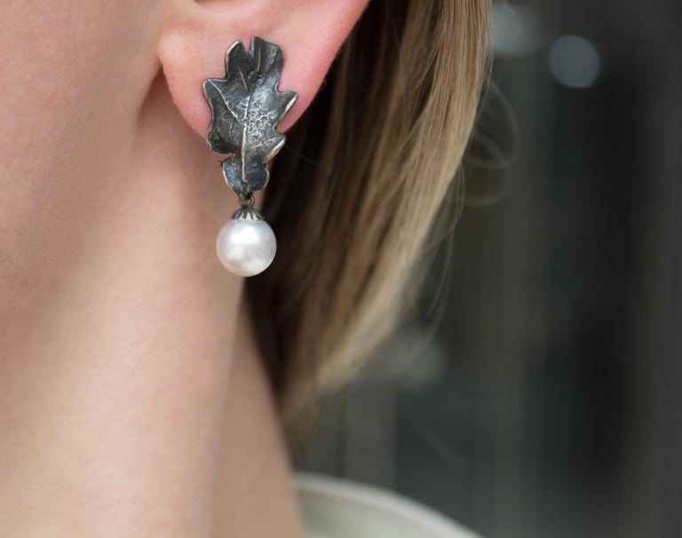 John Iversen Silver Pearl Oxidized Silver Handmade Oak Leaf Drop Earrings For Sale at 1stdibs