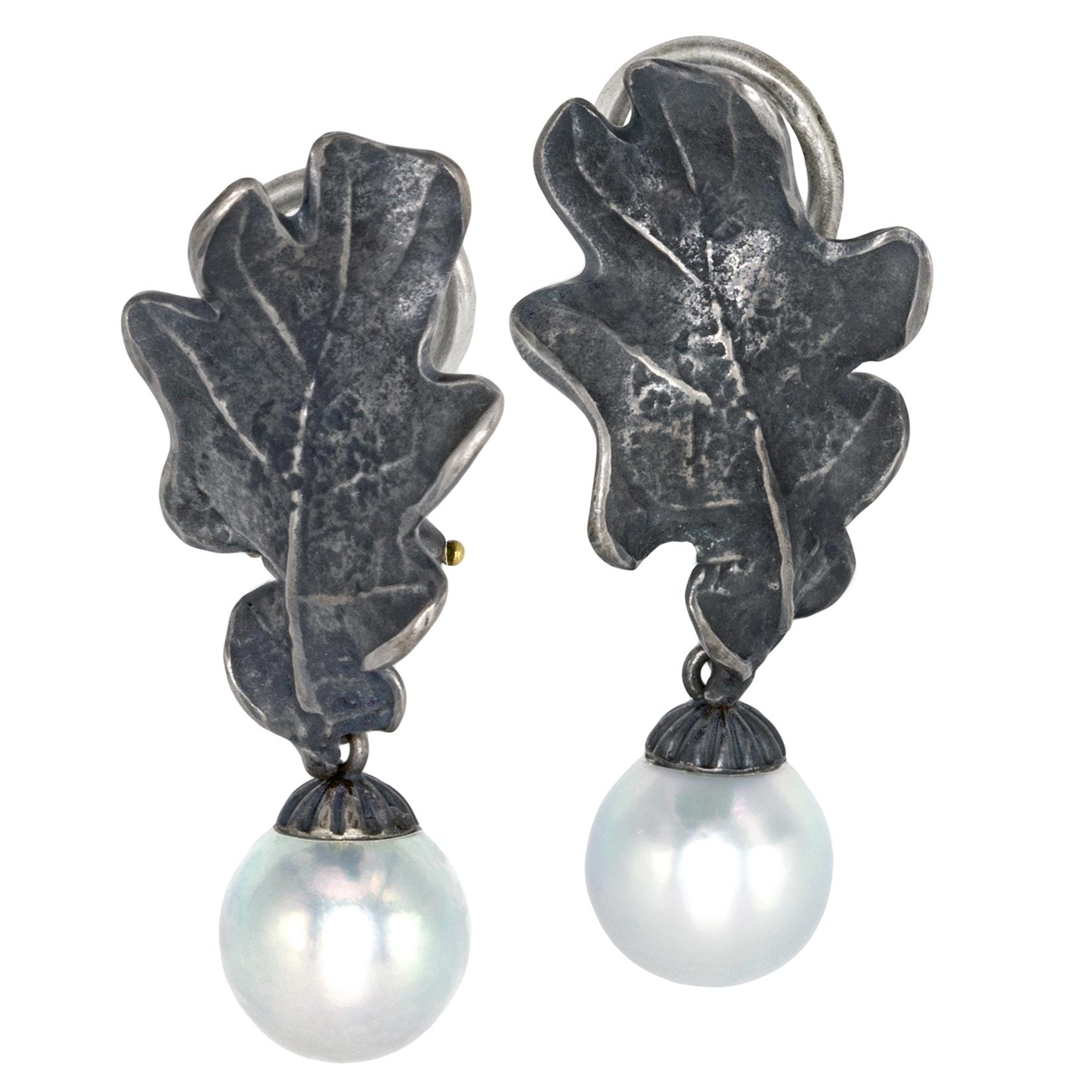 John Iversen Silver Pearl Oxidized Silver Handmade Oak Leaf Drop Earrings