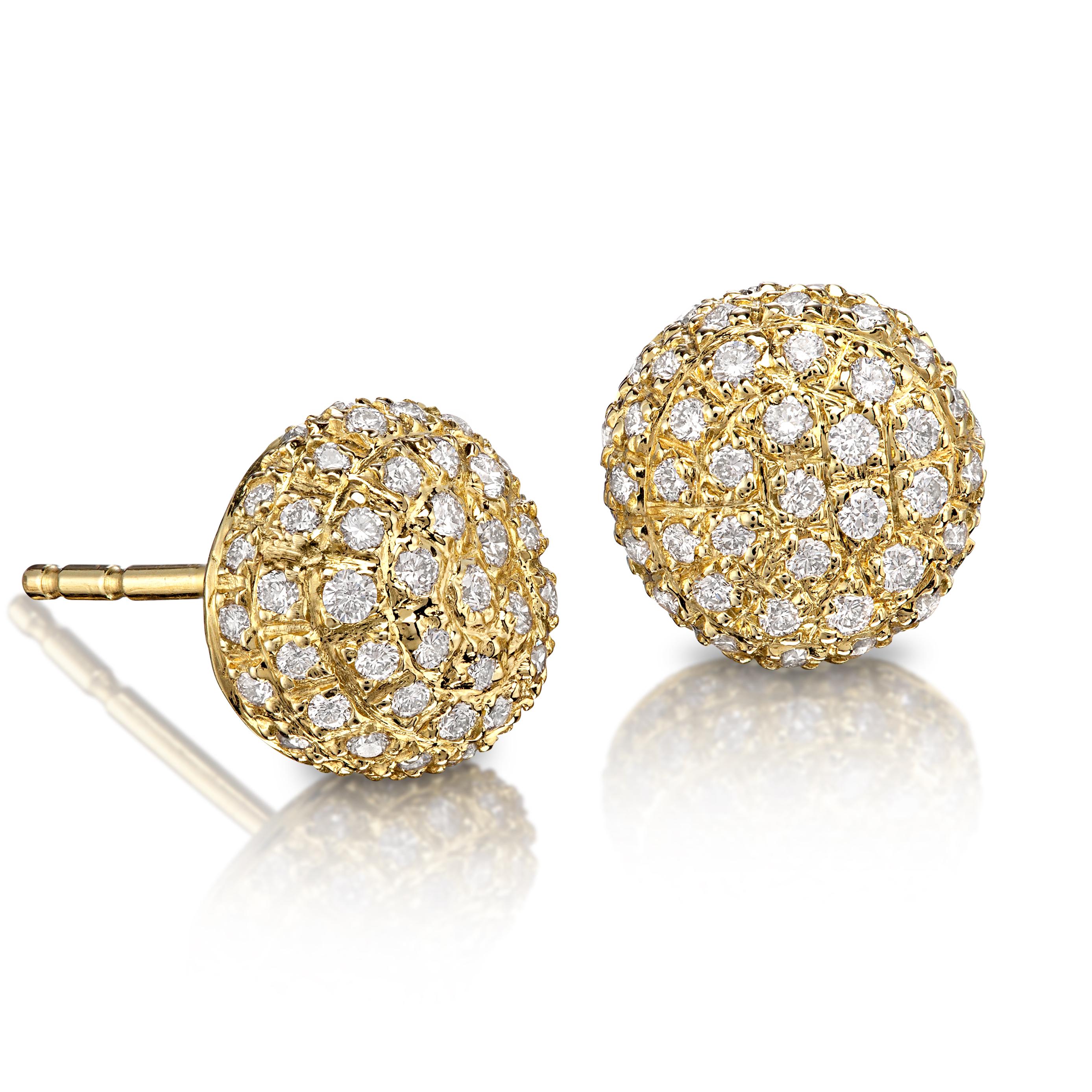 Pebble Stud Earrings hand-fabricated in 18k yellow gold by award-winning master contemporary jewelry maker John Iversen featuring the artist's signature pebble element set with shimmering round brilliant-cut white diamonds and finished with 18k