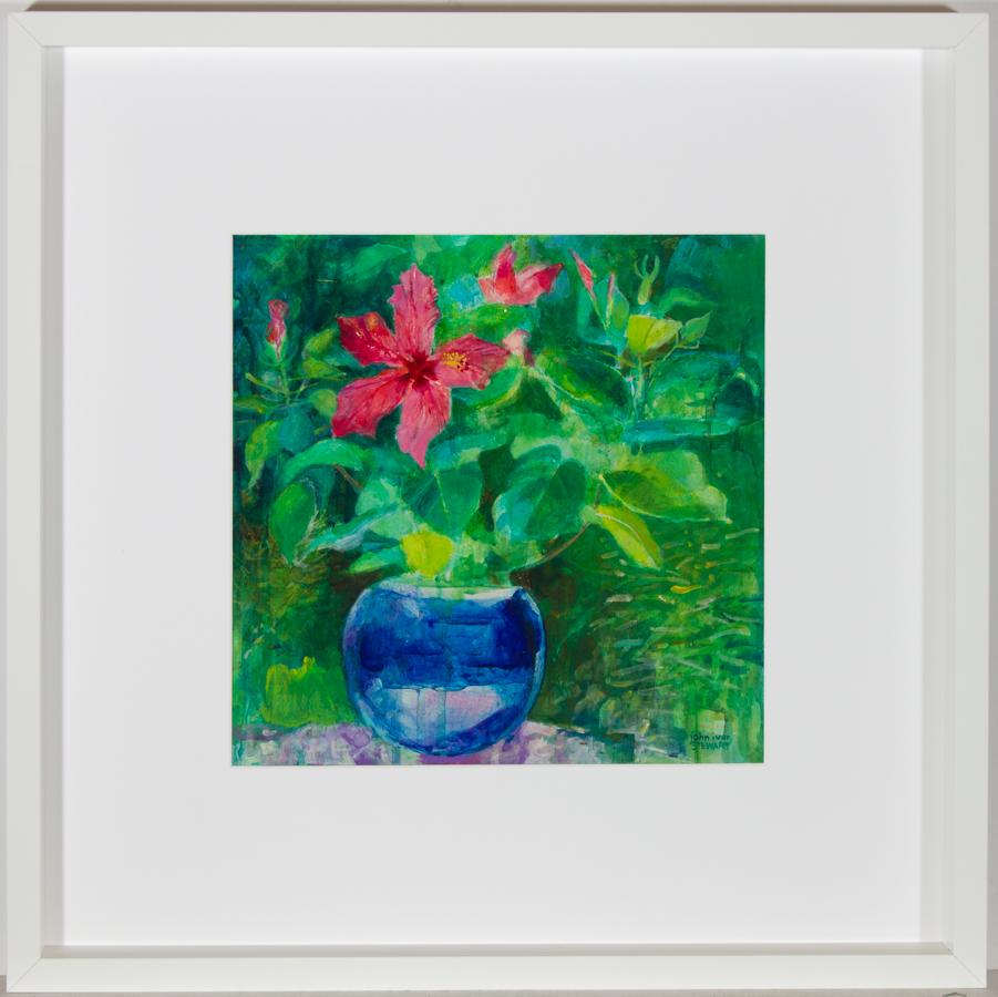 A vibrant and dynamic depiction of pink hibiscus flowers in acrylic by the British artist John Ivor Stewart PPPS (1936-2018). Stewart's passion for portraying the world around us is evident in this interesting composition. His technique is both