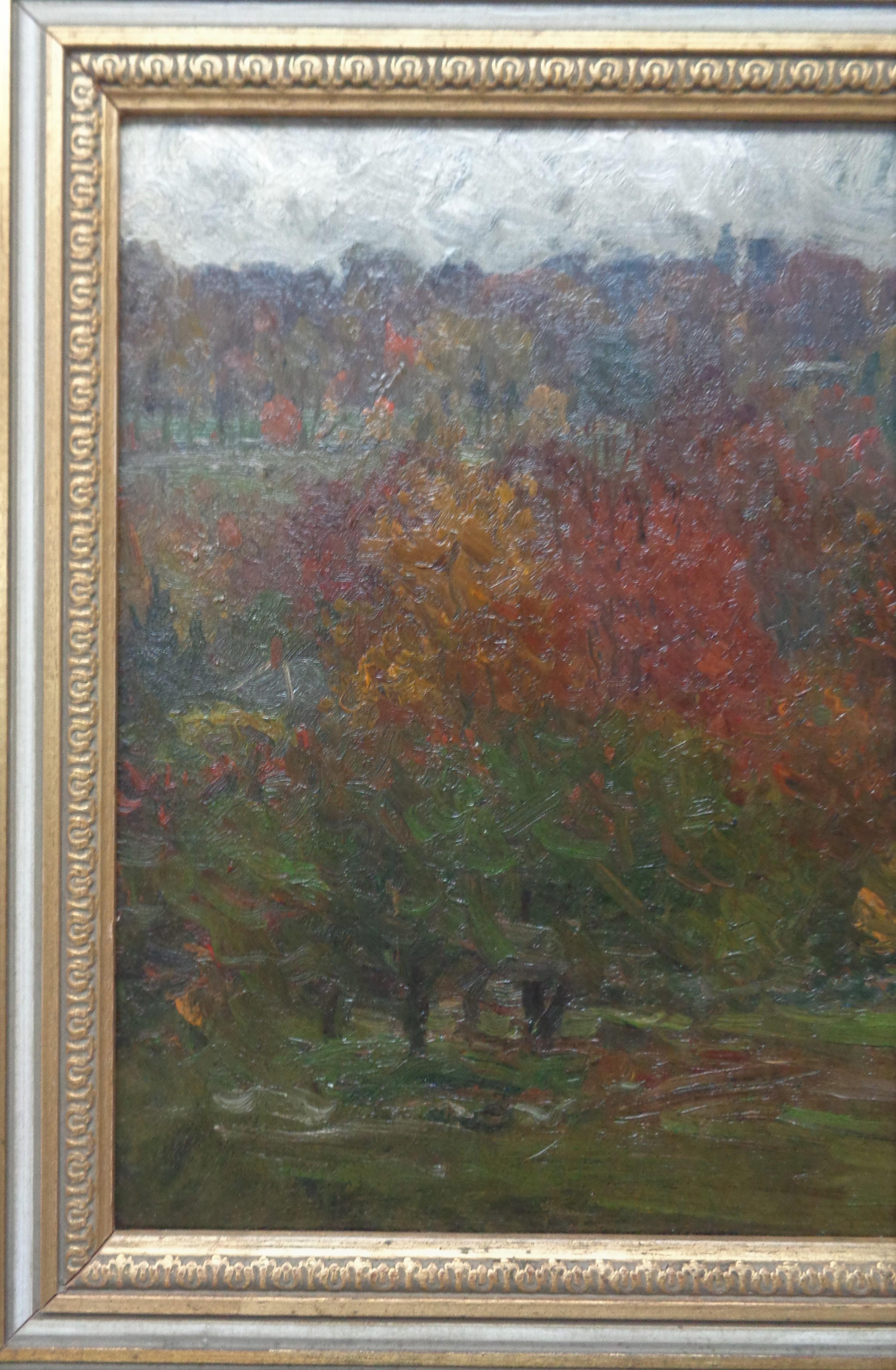 Here is a very beautiful and unique painting on canvas by John J Enneking, Rainy Pastures . The painting is is good shape ready to hang and the original frame as purcahsed shows some age. Image measures 11 x 14 as written verso.  Enneking was an