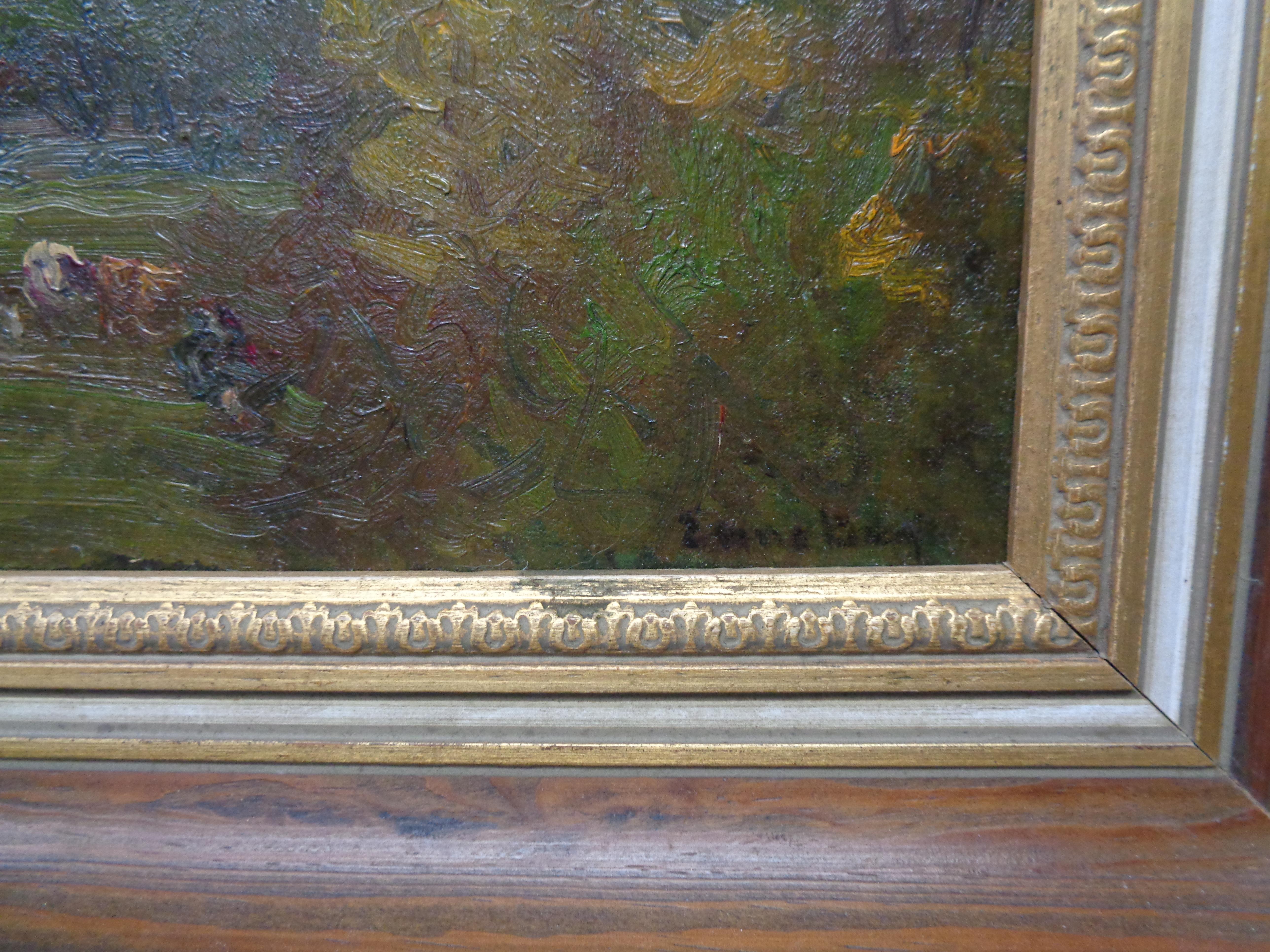 He aquí un cuadro sobre lienzo muy hermoso y único de John J. Enneking, Pastos lluviosos . El cuadro está en buen estado, listo para colgar, y el marco original, tal como se compró, tiene algunos años. La imagen mide aproximadamente 11 x 14,5, como