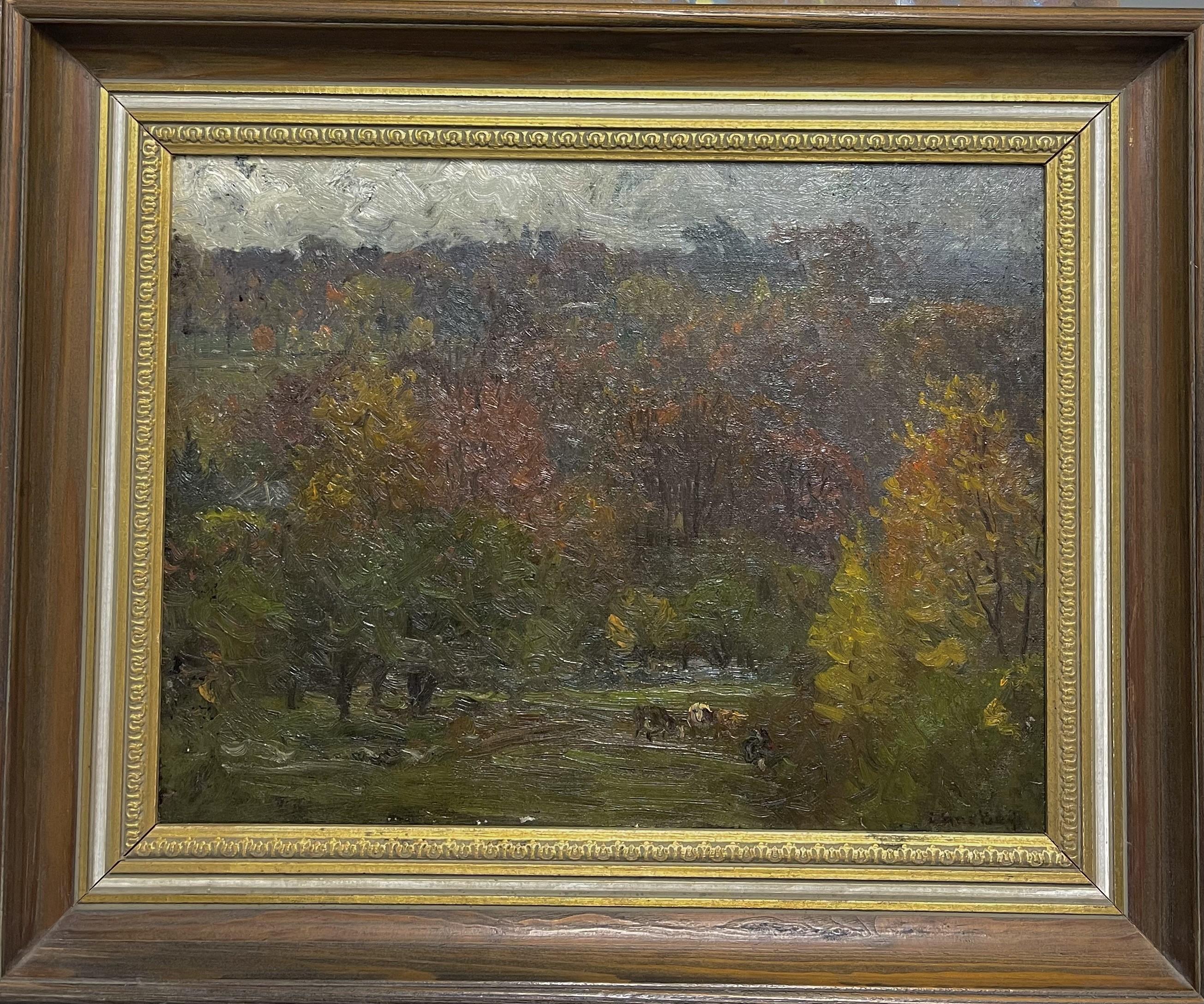 

JOHN JOSEPH ENNEKING
American (1841-1916)
Raining Pasture
oil on canvas, signed "Enneking" lower right
Framed dimensions - 15 x 18 1/2 x 2 1/4 inches
11 x 14 1/2 inches
Provenance: Private Collection, New York.
Other Notes: A label is on the