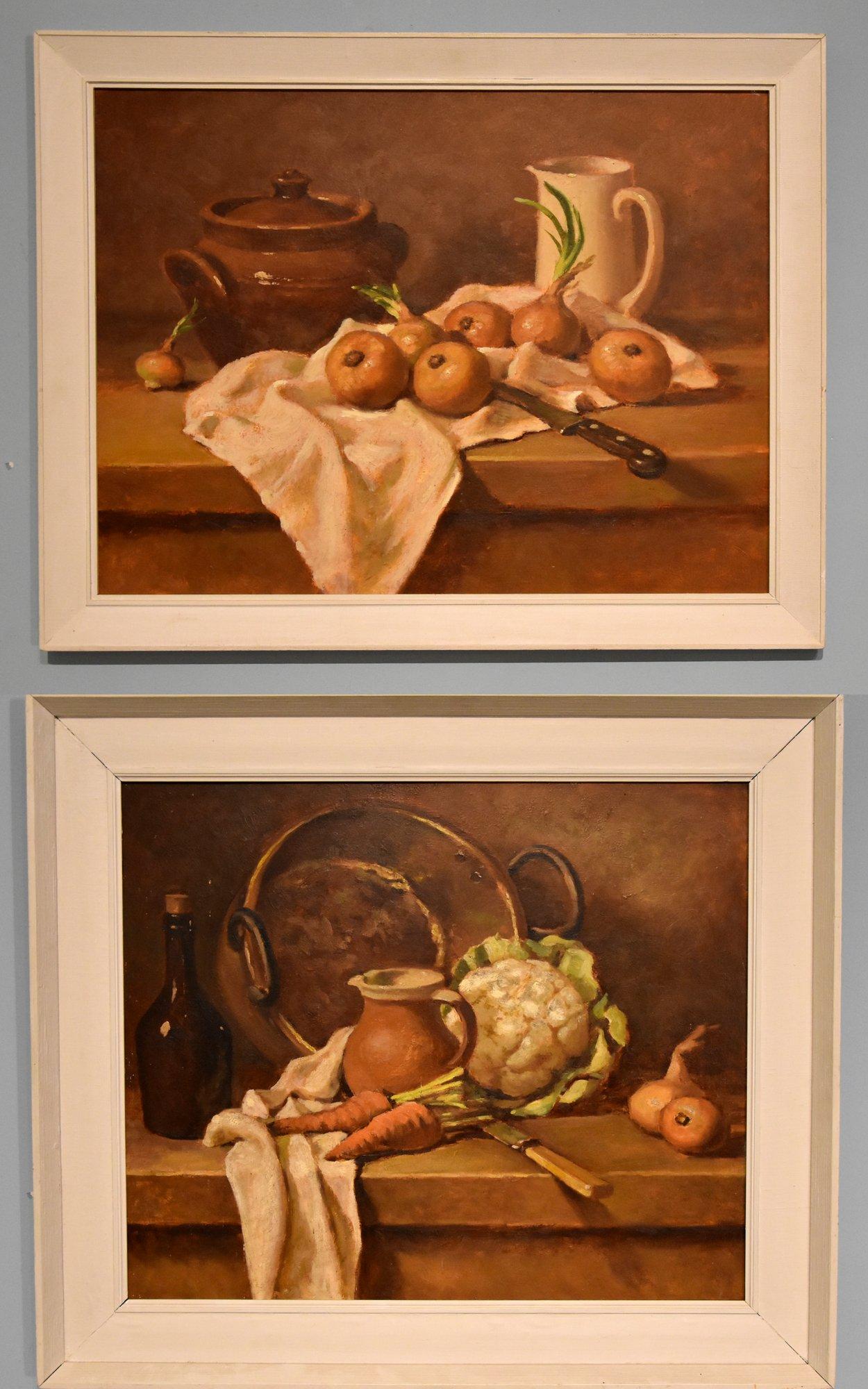 Oil Painting by John J Hall "Pair of Pantry Scenes" 1921 - 2006 Studio labels verso. Hall went to college of Arts and Crafts and taught at the Cambridge school of arts. Oil on board.

Paintings of different sizes:
Dimensions paintings 1.    21 x 27