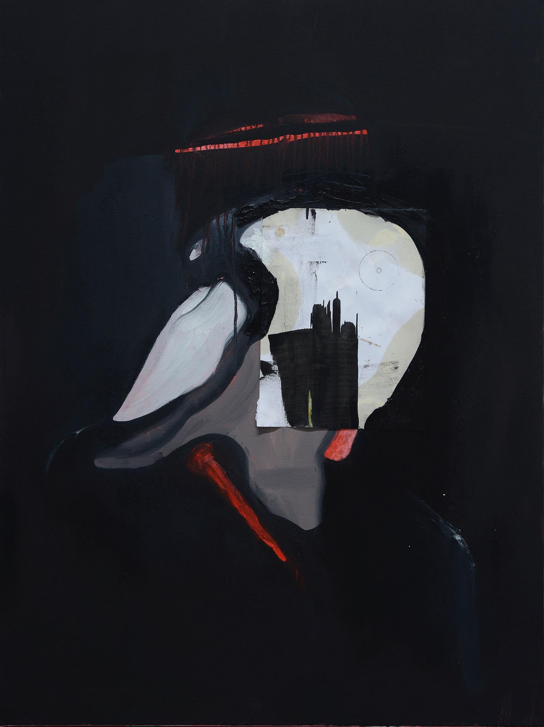 John J. Hartford Abstract Painting - Face (Empty), black and grey abstract mixed media painting