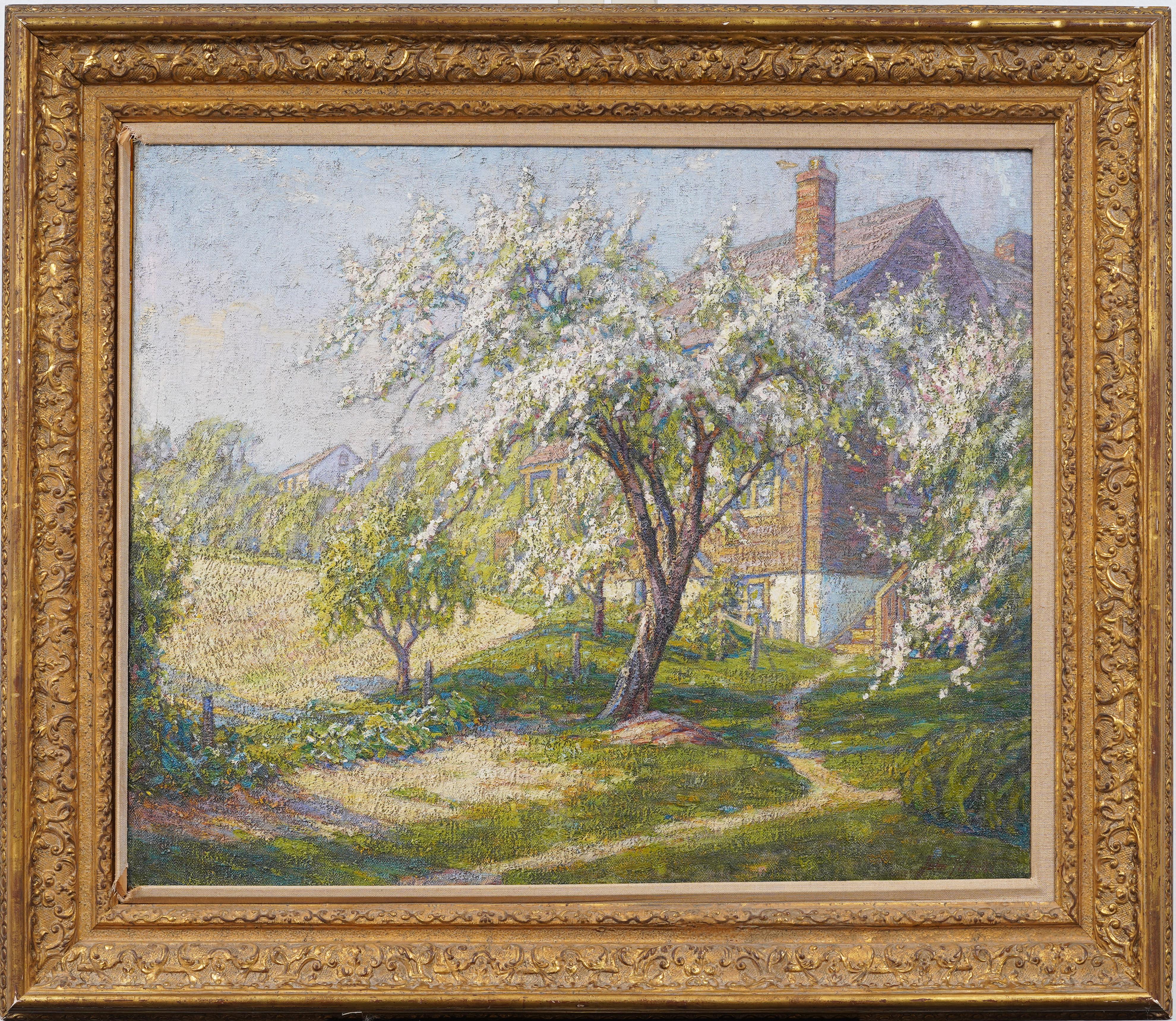 Antique American Impressionist Framed Cherry Blossom Landscape Signed Painting - Brown Landscape Painting by John J. Inglis