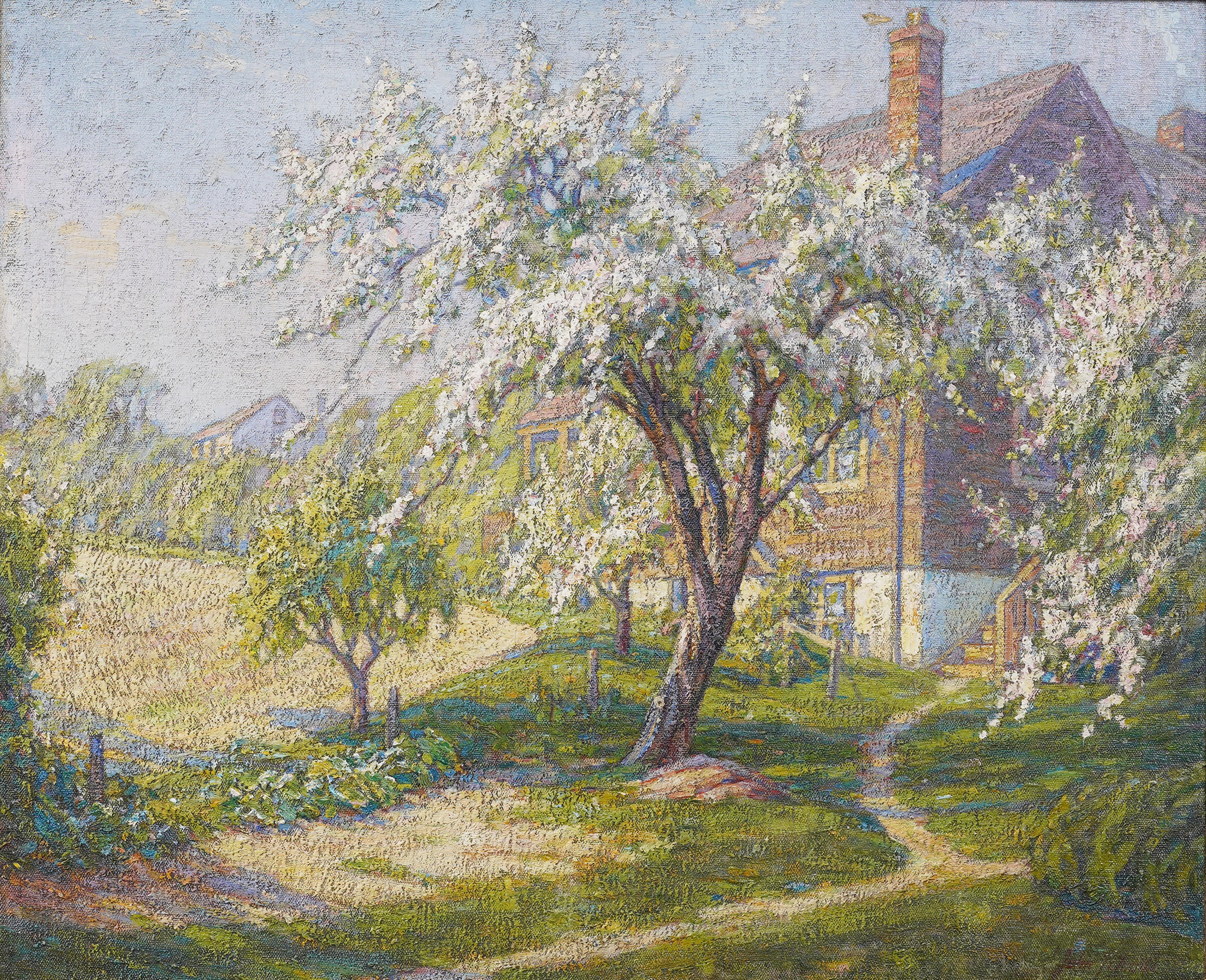 Wonderful American impressionist landscape oil painting by John J. Inglis (1867 - 1946).  Colorful and vibrant cherry blossom view.  Framed.  Oil on canvas.  Signed.  Image size, 24H by 30L.