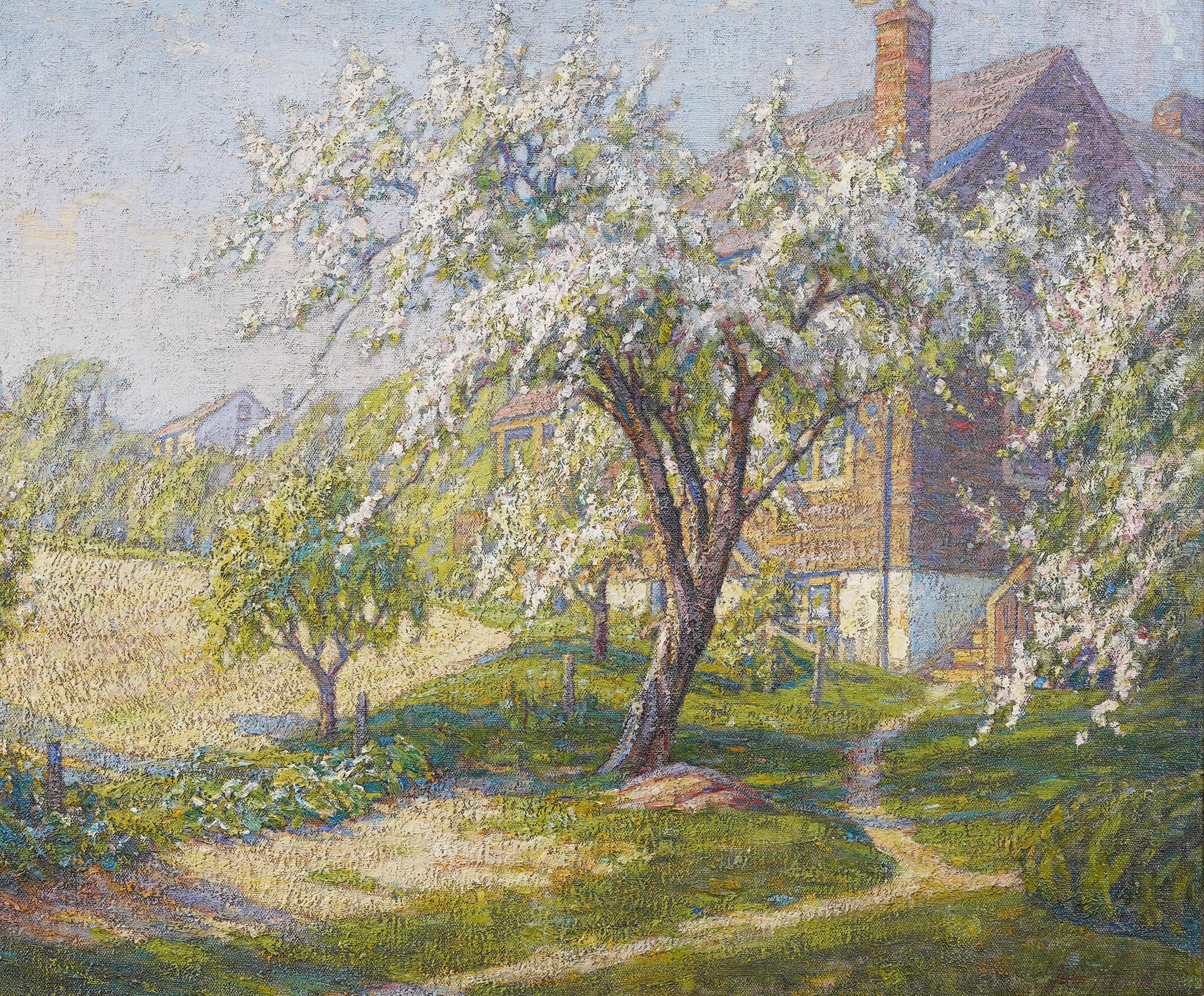 Antique American Impressionist Framed Cherry Blossom Landscape Signed Painting For Sale 1