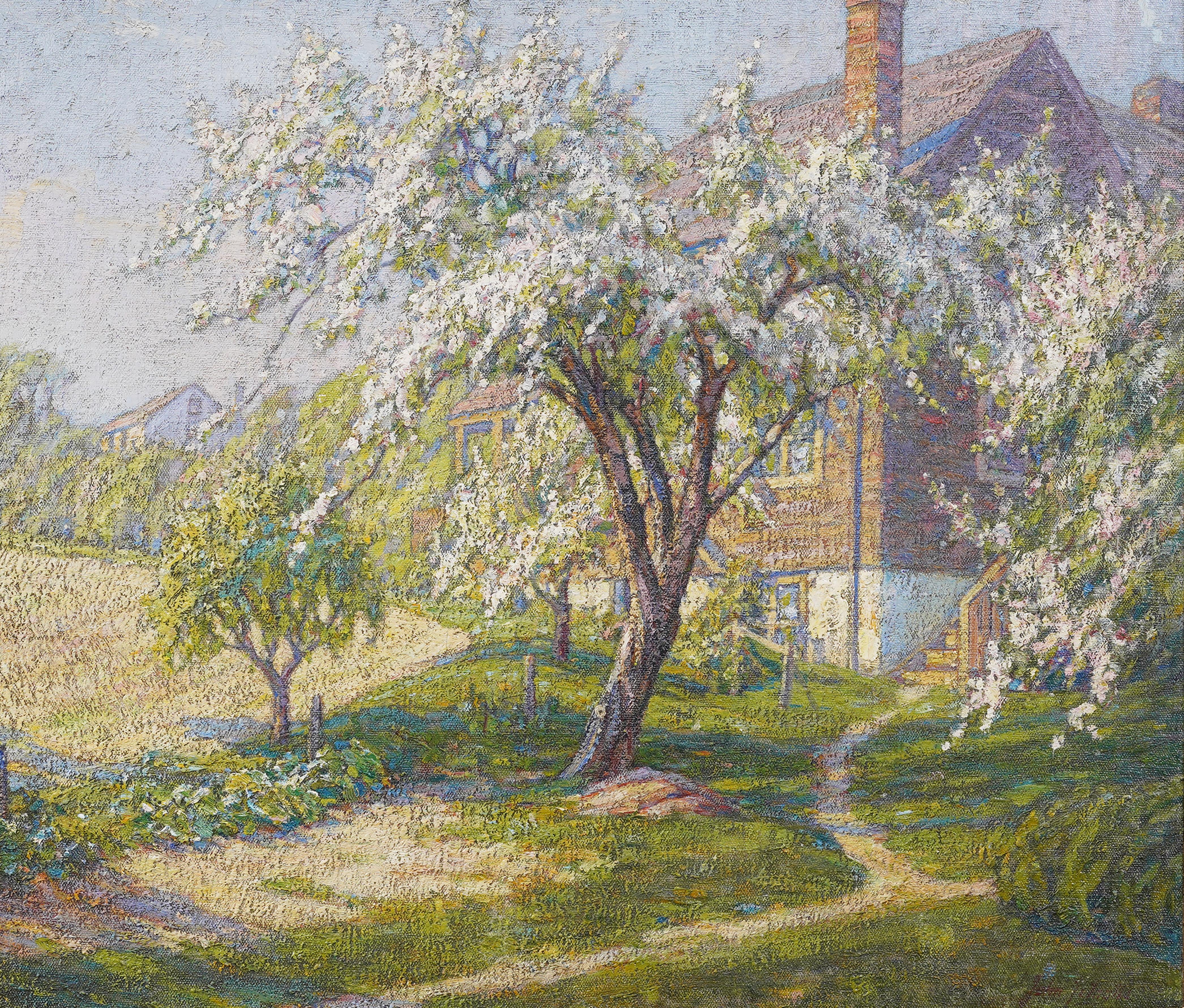 Antique American Impressionist Framed Cherry Blossom Landscape Signed Painting For Sale 2