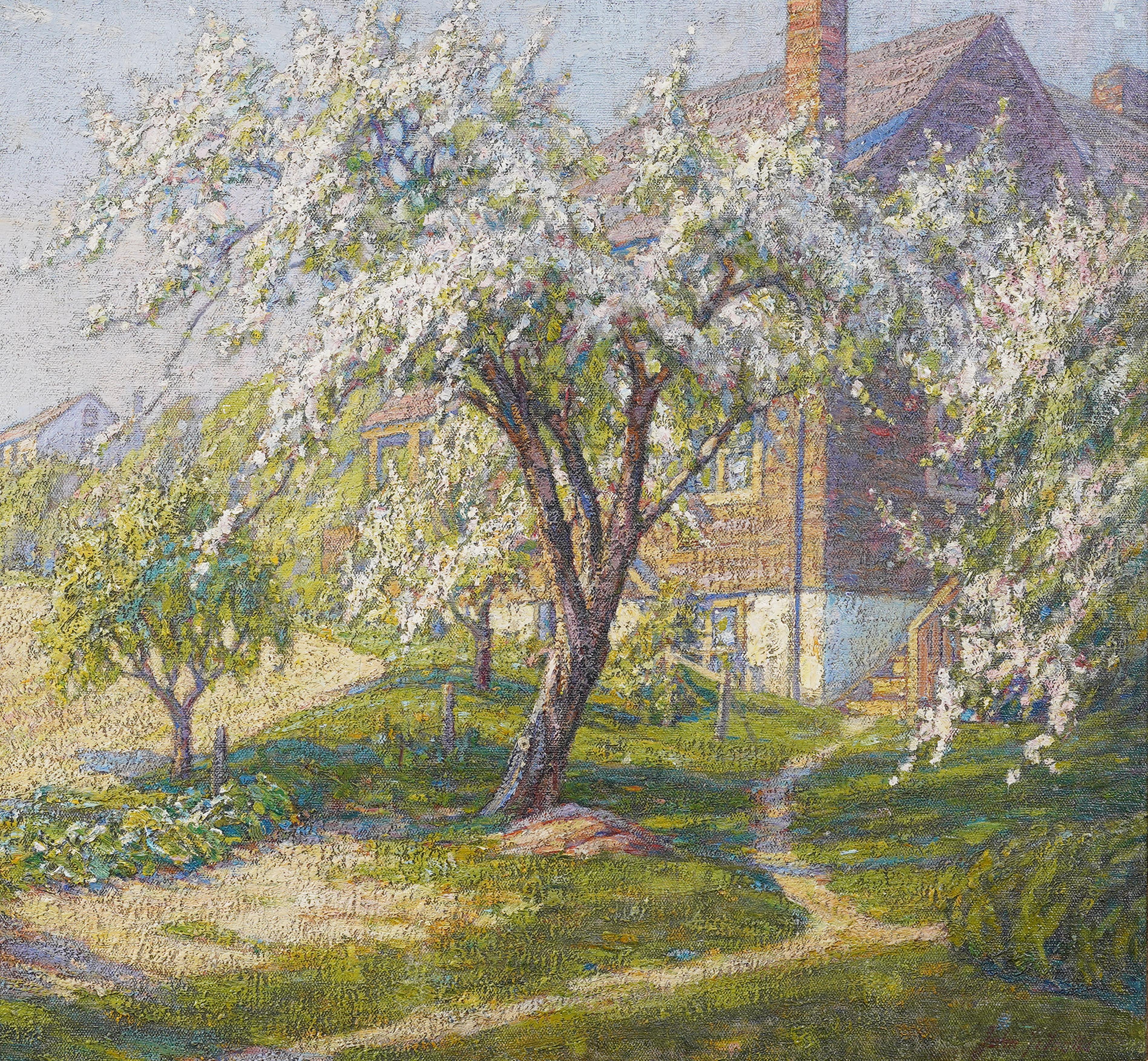Antique American Impressionist Framed Cherry Blossom Landscape Signed Painting For Sale 3