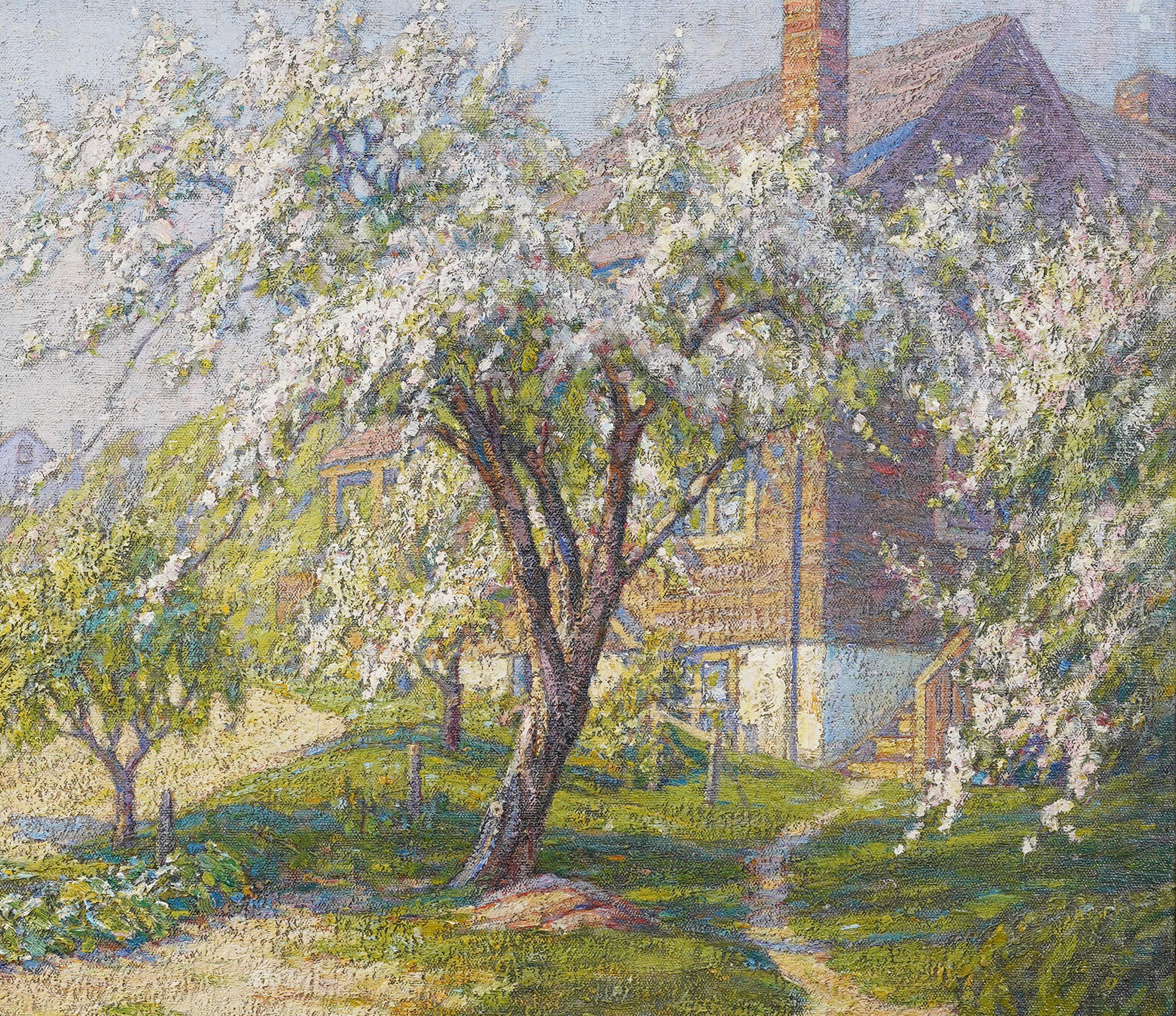 Antique American Impressionist Framed Cherry Blossom Landscape Signed Painting For Sale 4