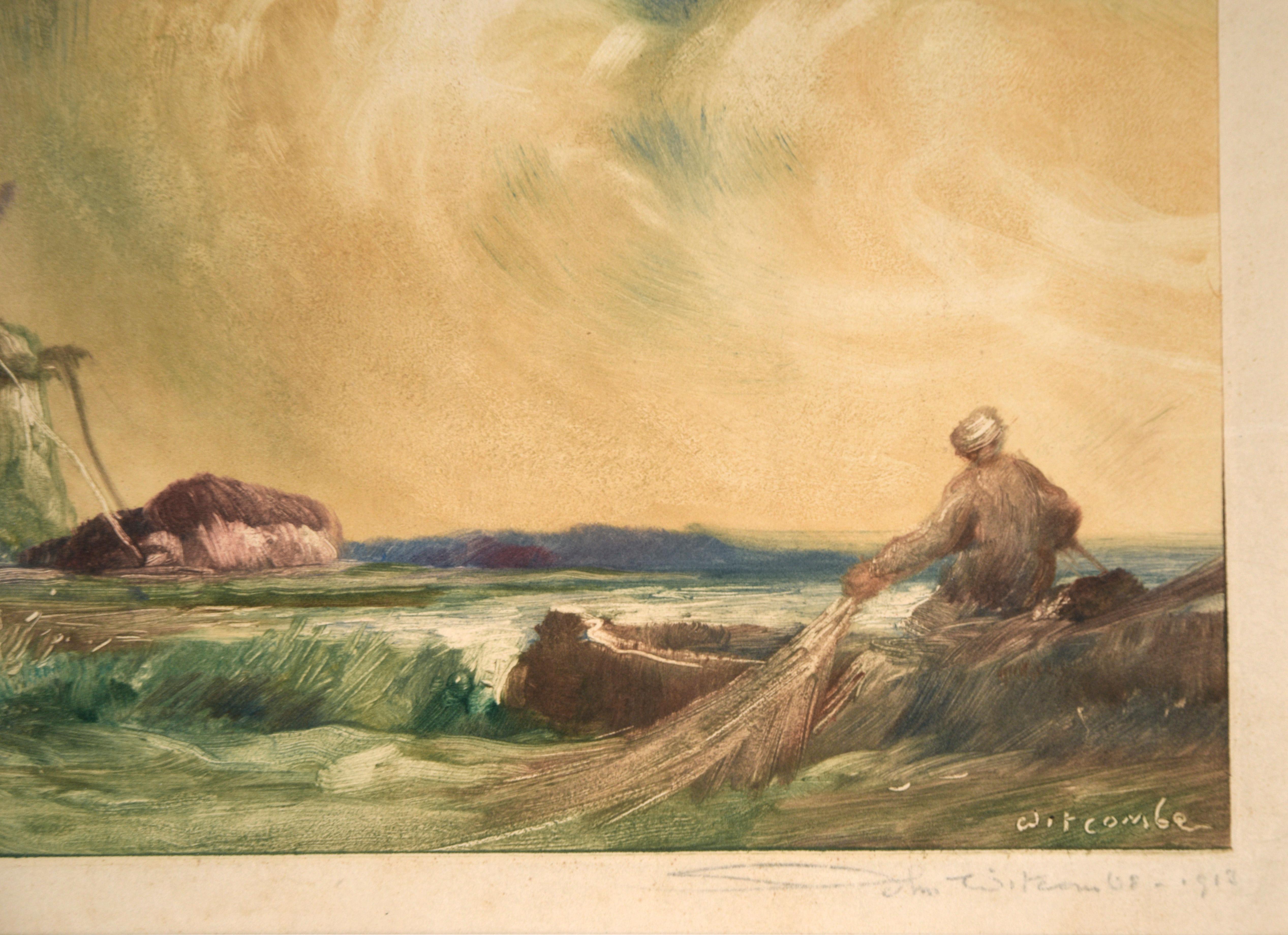 Fisherman with Windmill - Antique Monotype - Print by John J. Witcombe