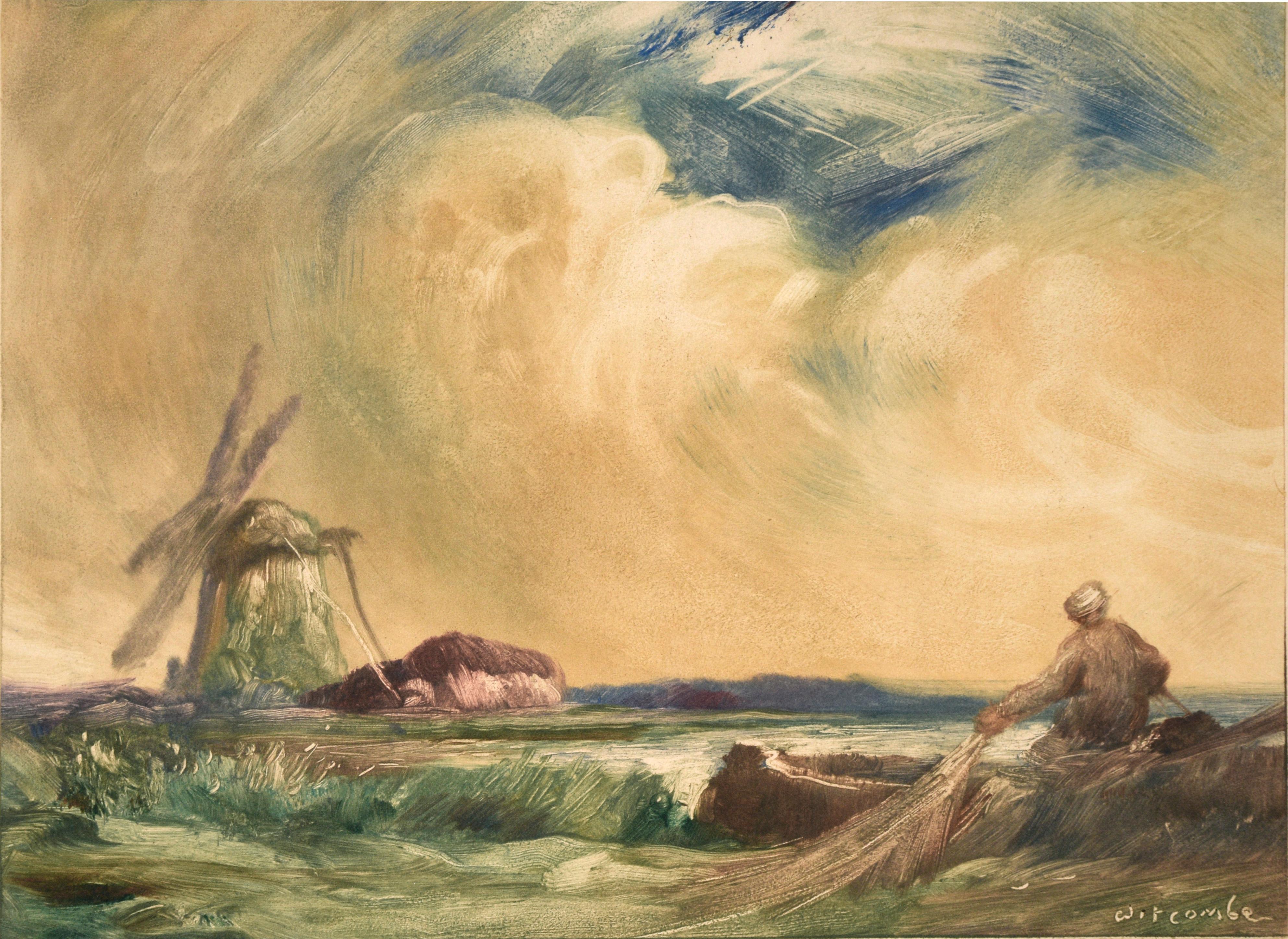 Fisherman with Windmill - Antique Monotype - Impressionist Print by John J. Witcombe