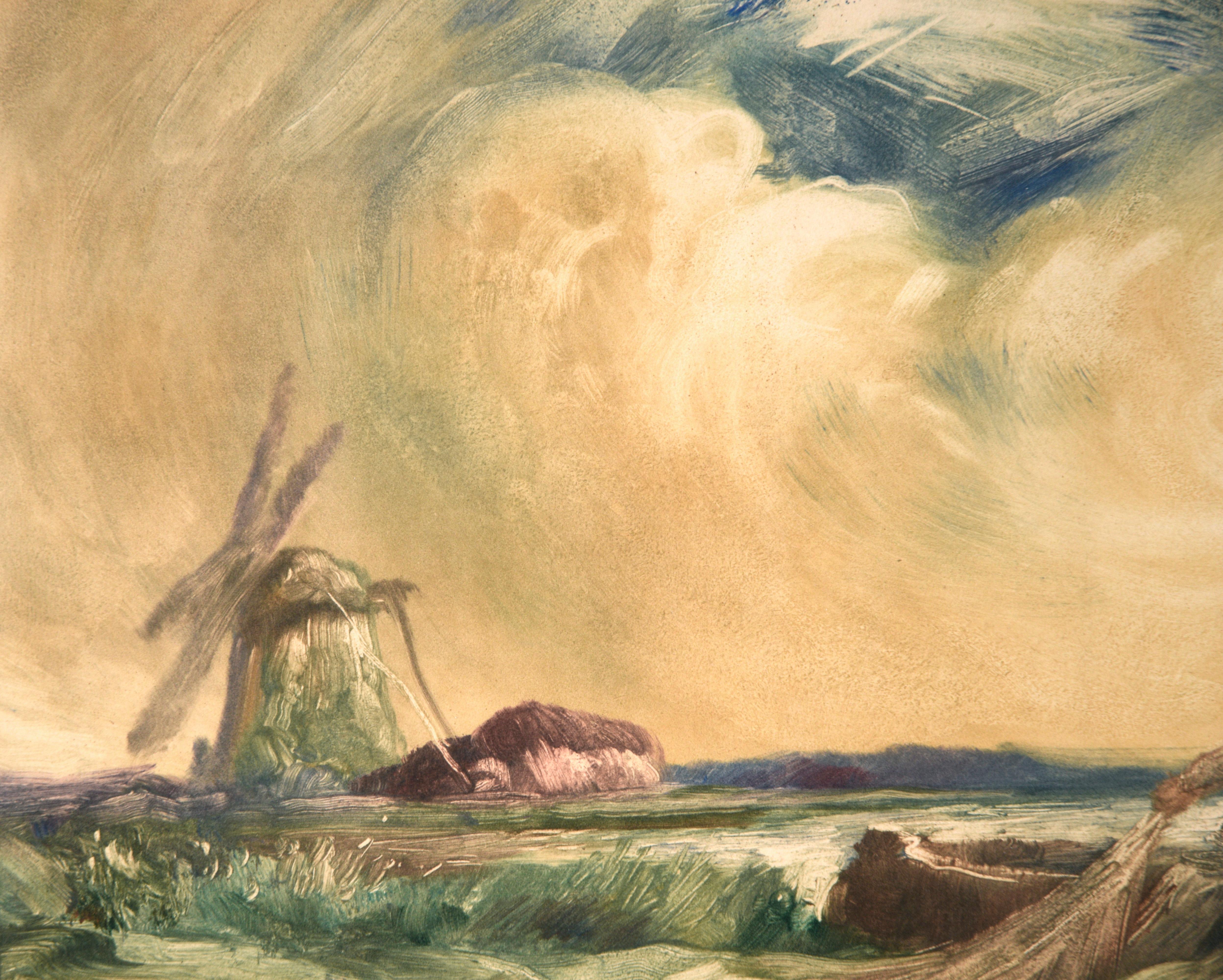 Fisherman with Windmill - Antique Monotype - Beige Figurative Print by John J. Witcombe