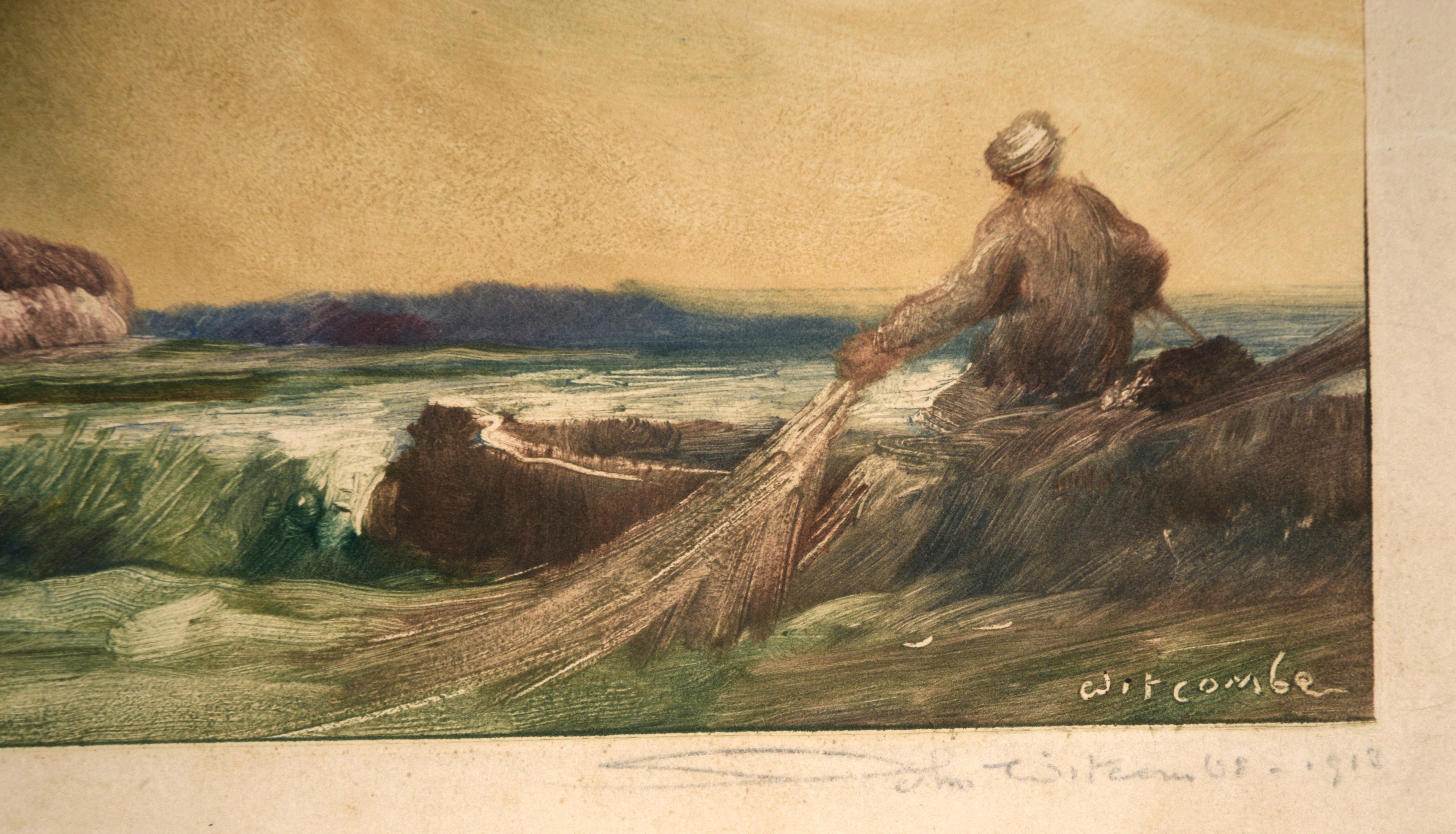 Fisherman with Windmill - Antique Monotype For Sale 1