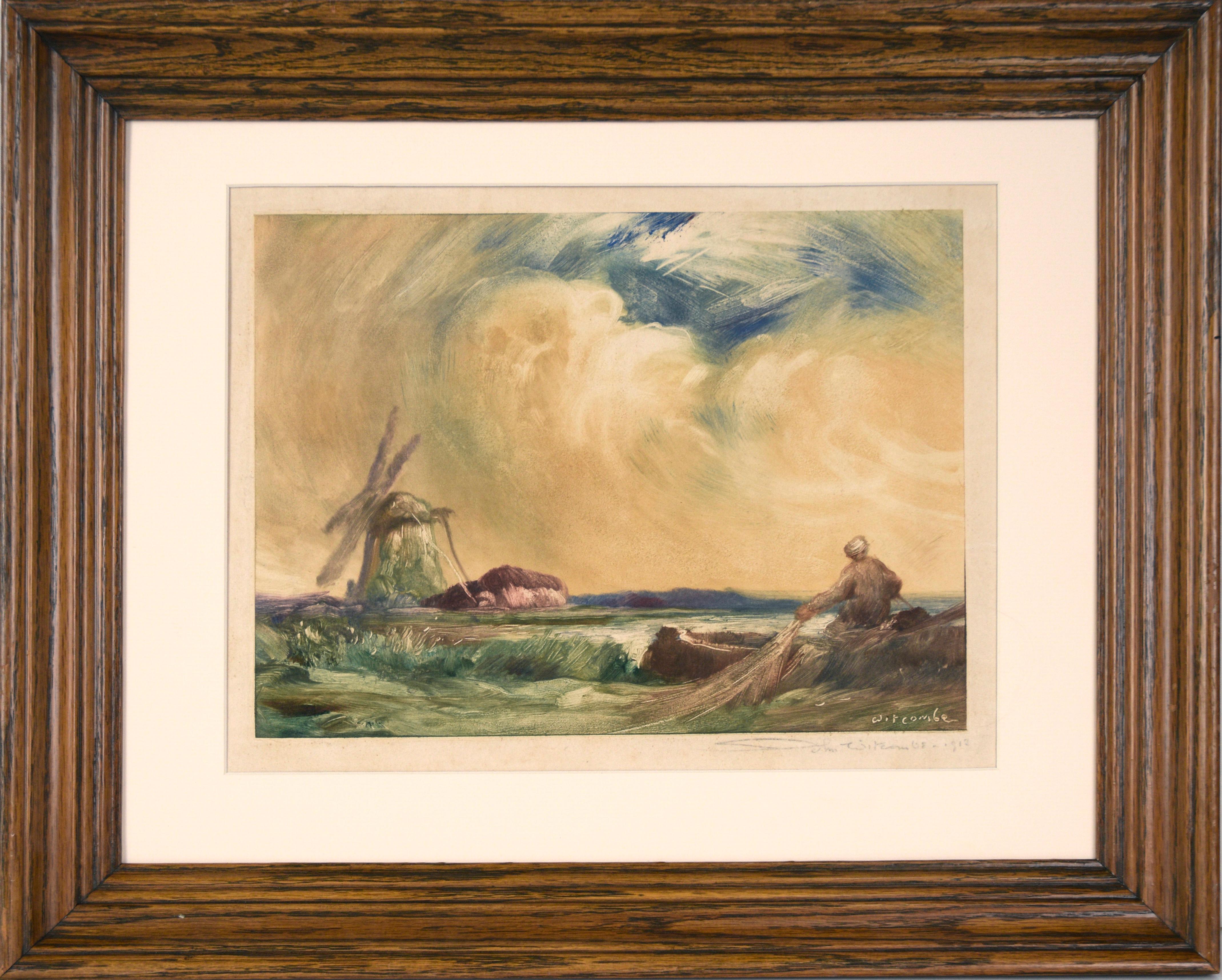 John J. Witcombe Figurative Print - Fisherman with Windmill - Antique Monotype