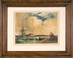 Fisherman with Windmill - Antique Monotype