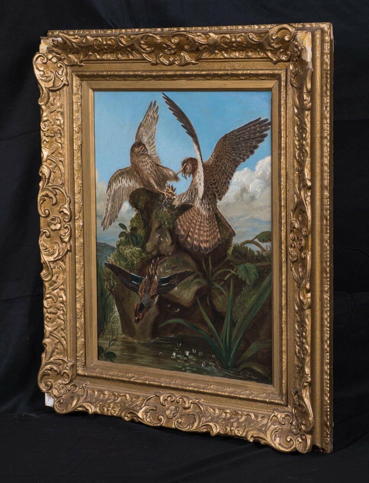 Hawks Fighting, 19th Century

attributed to Henry Leonidas Rolfe (1824-1881) 

Fine large 19th century study of a pair of hawks fighting as other bird escape, oil on panel. Superb quality and condition early ornithological study. Clean surface