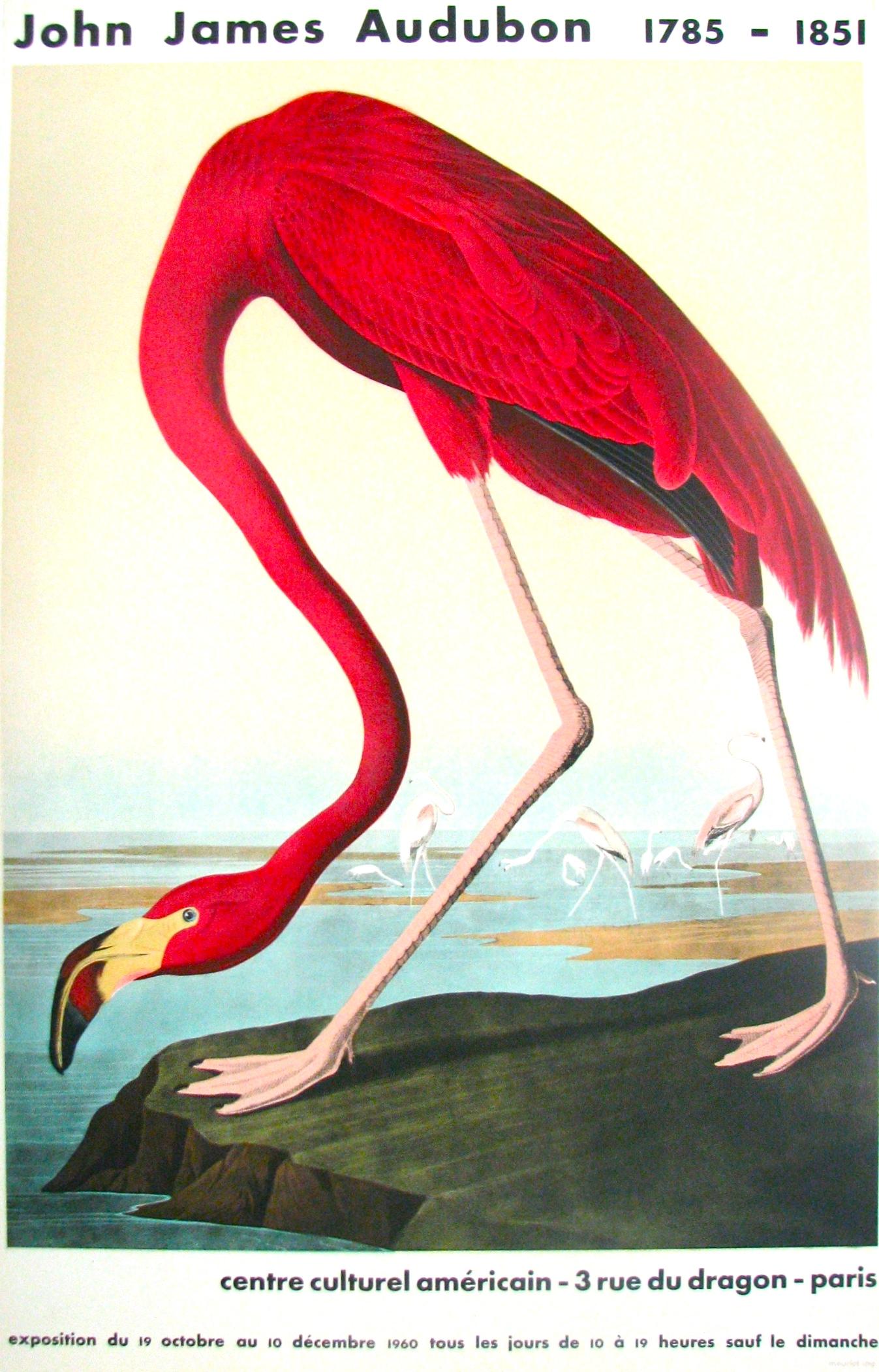 Made for the Centre Culturel Americain, Paris in 1960 for an exhibition of works by John James Audubon and printed by the Atelier Mourlot in Paris. The image used for this exhibition poster was 'American Flamingo' 1838 is one of John James Audubon’s