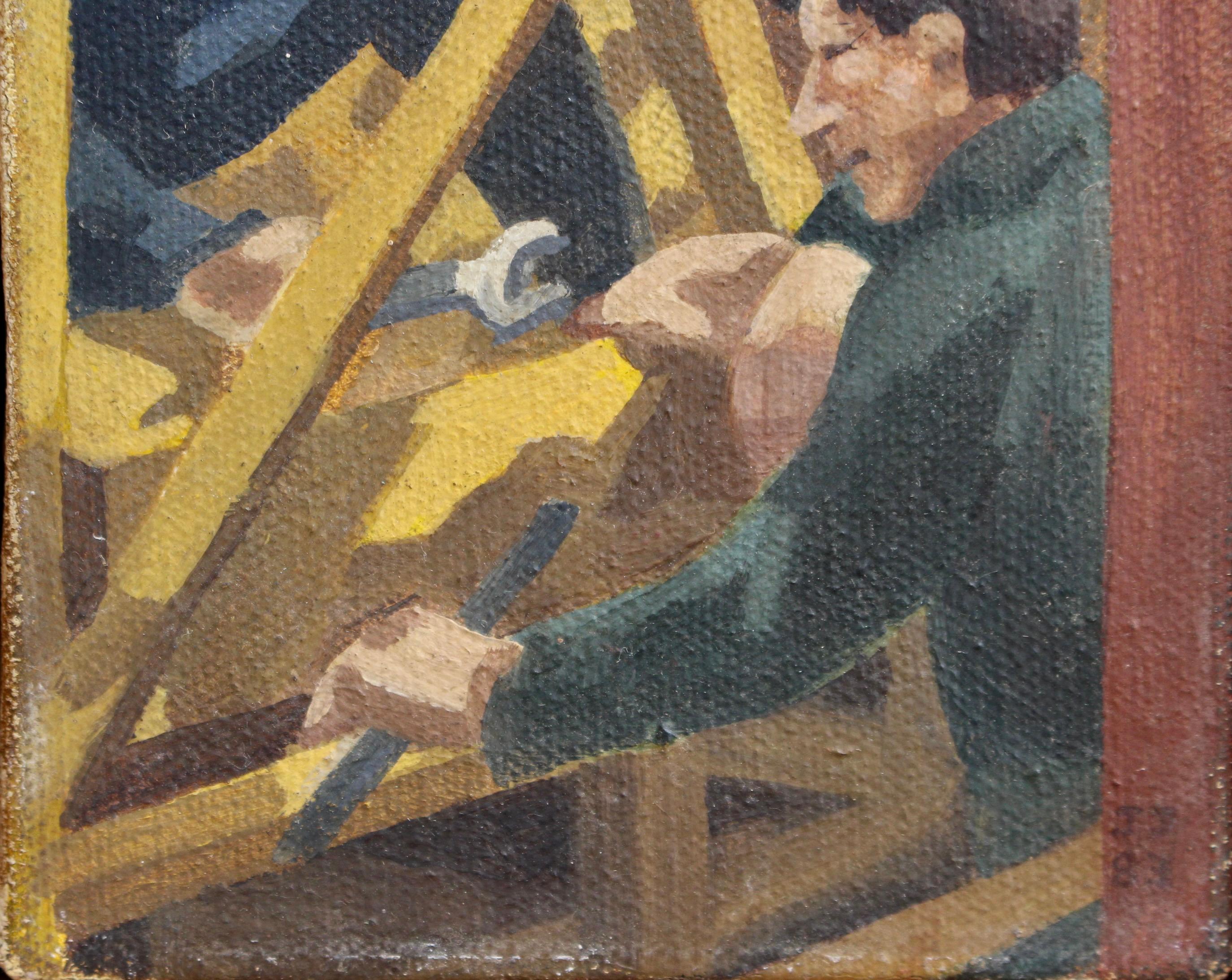 Men Working on a Concrete Crushing Machine - Futurist Painting by John James