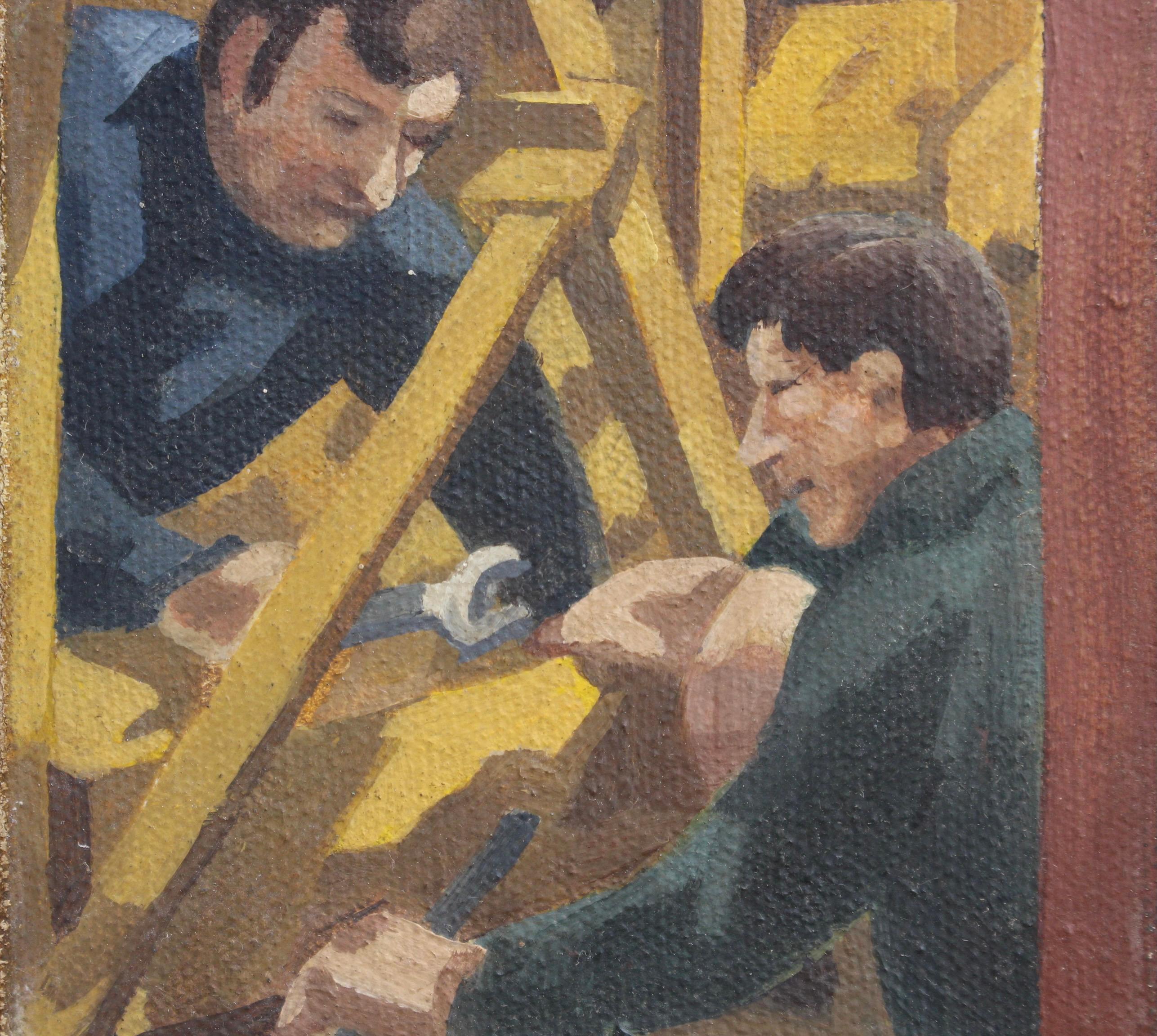 Men Working on a Concrete Crushing Machine - Brown Portrait Painting by John James