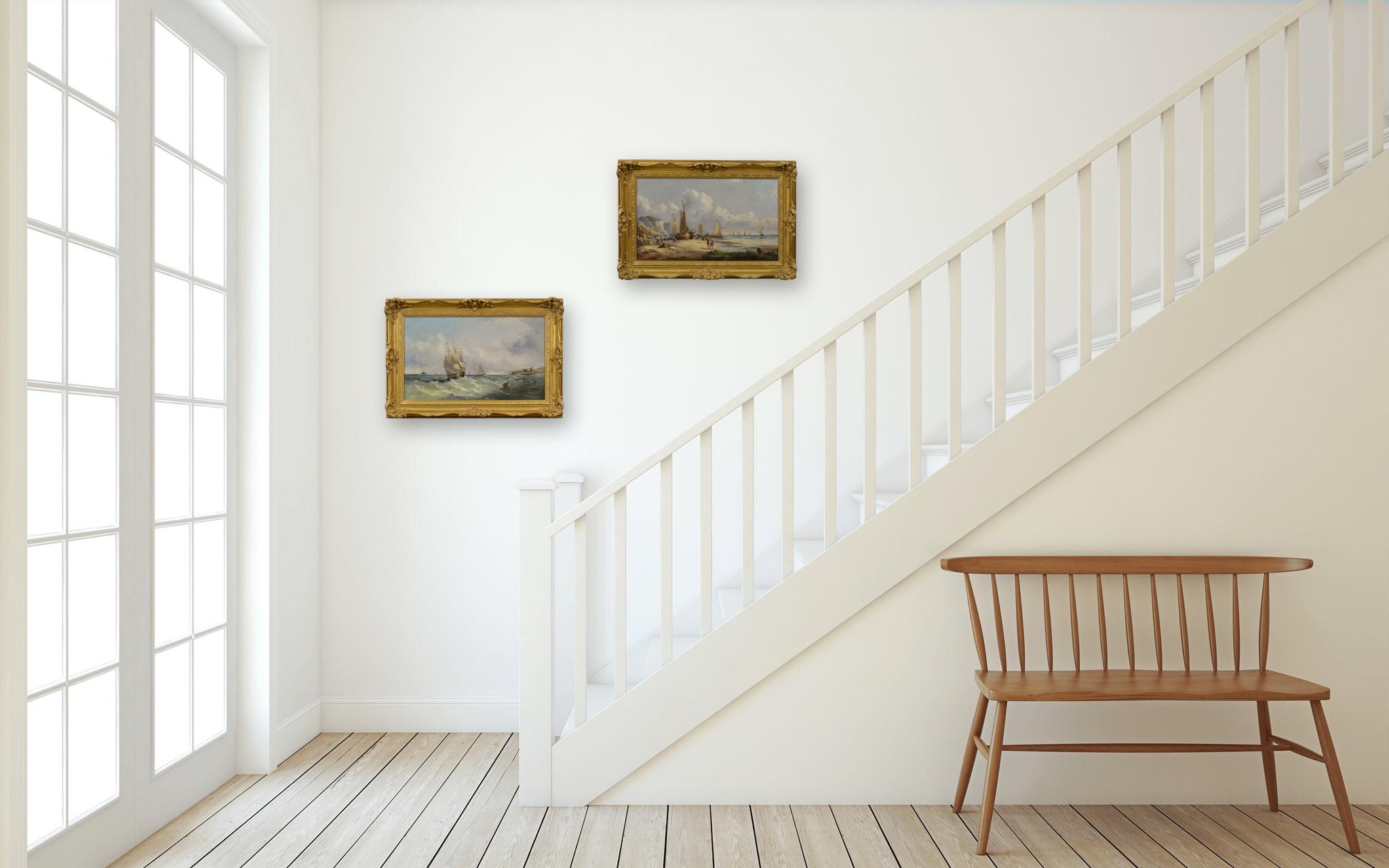 19th Century pair of marine oil paintings of boats off a coast & on a shore 8