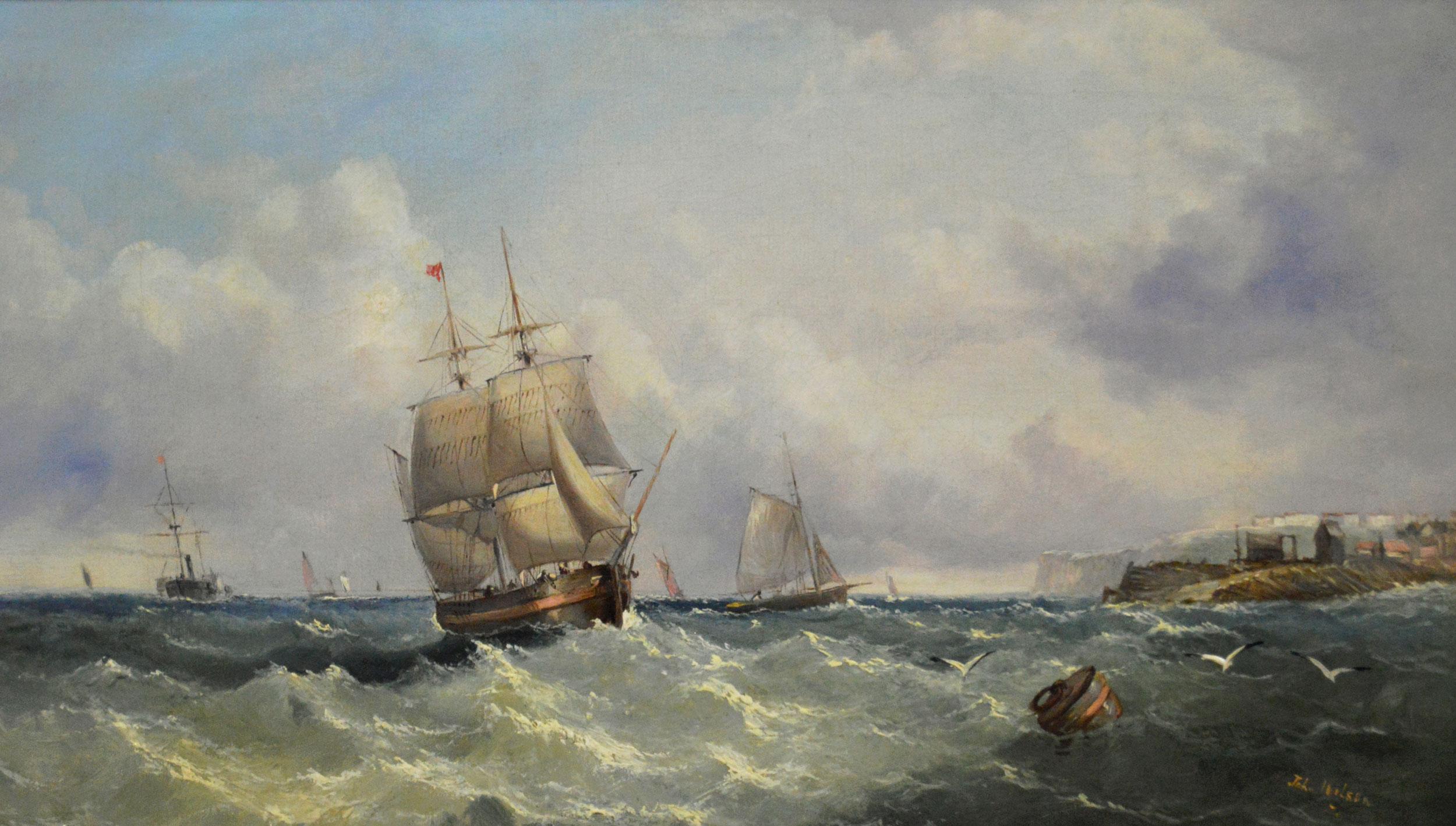 19th Century pair of marine oil paintings of boats off a coast & on a shore - Painting by John James Wilson