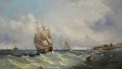 19th Century pair of marine oil paintings of boats off a coast & on a shore