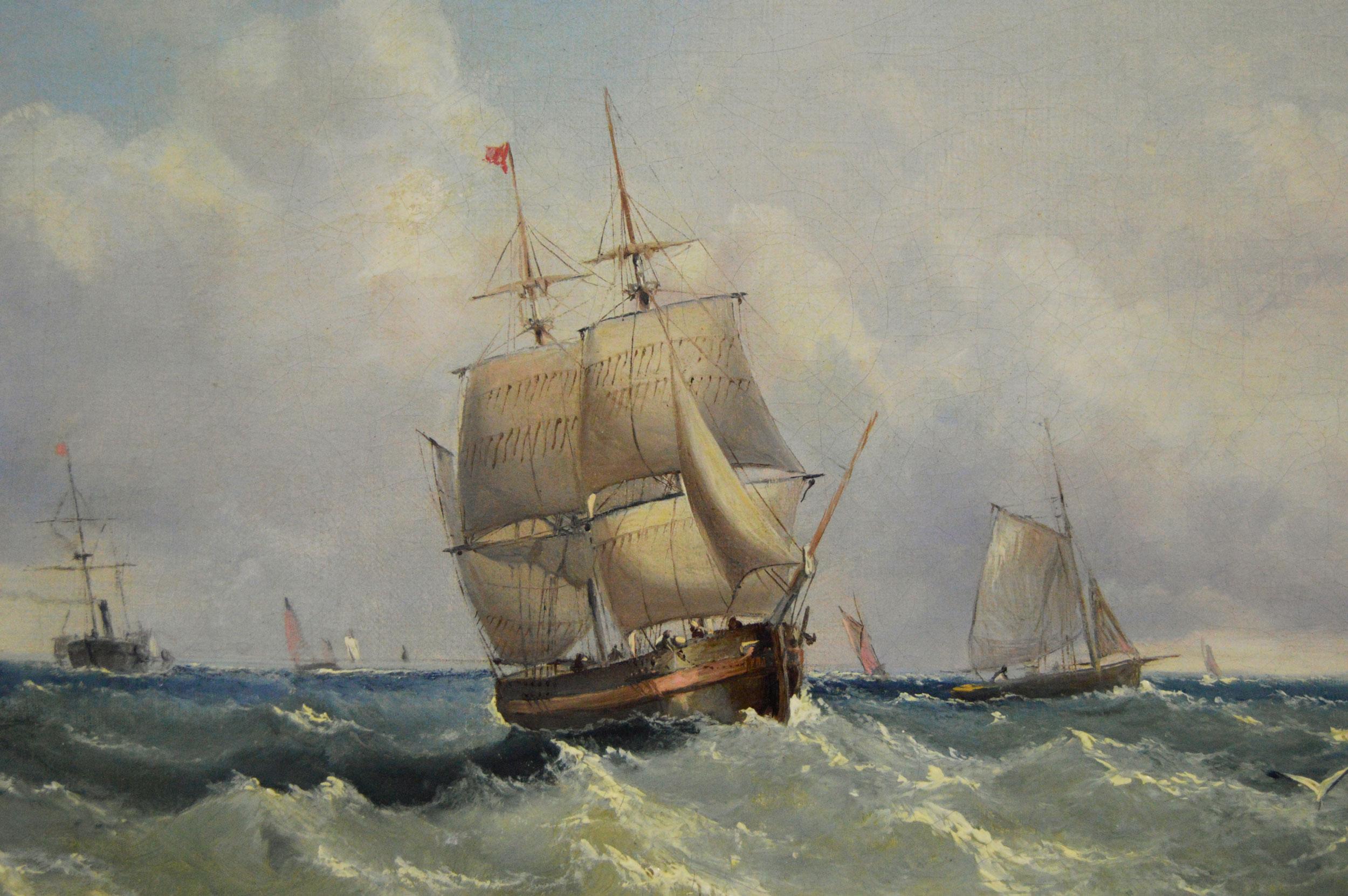 19th Century pair of marine oil paintings of boats off a coast & on a shore - Brown Landscape Painting by John James Wilson