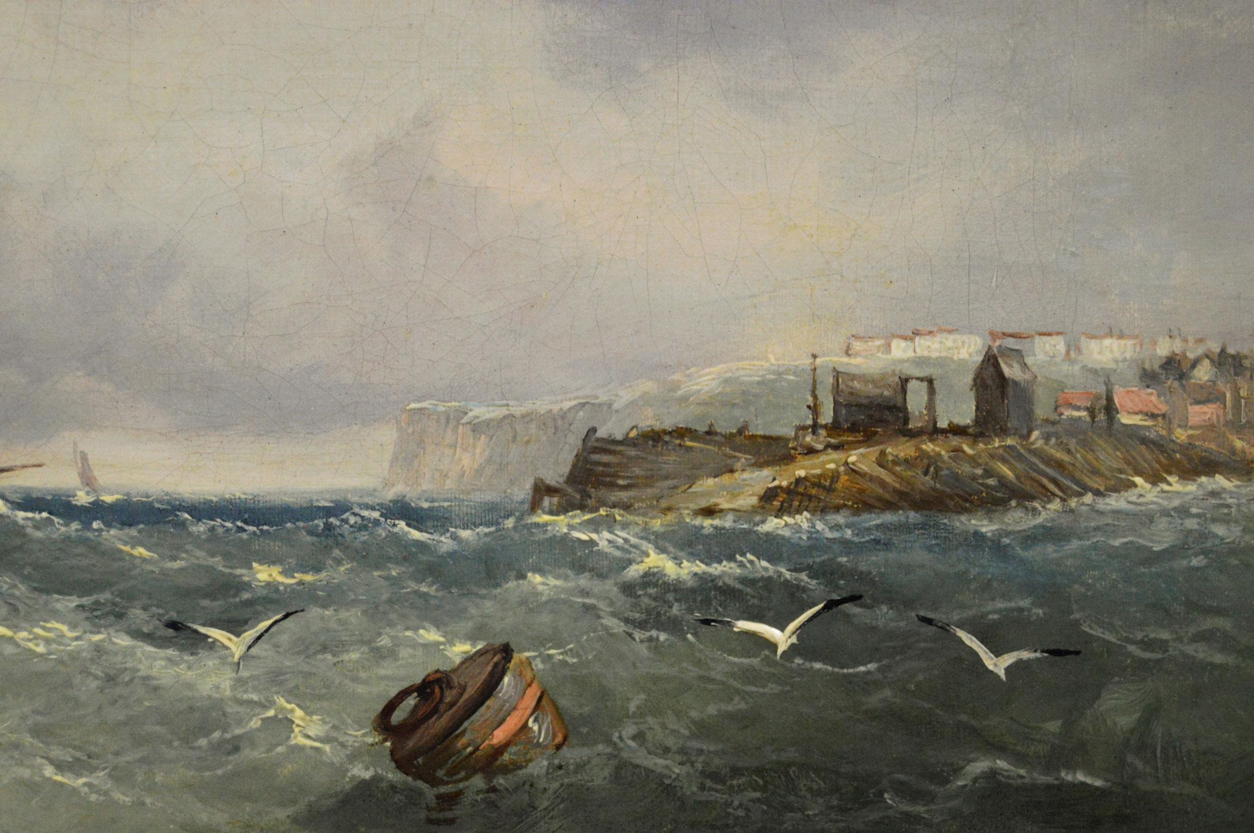 **PLEASE NOTE: EACH PAINTING INCLUDING THE FRAME MEASURES 16.5 INCHES X 24.5 INCHES**

John James Wilson 
British, (1818-1875)
Fishing Boats off the Coast & Boats on a Kent Shore
Oil on canvas, pair, both signed & dated (18)70
Image size: 11.5