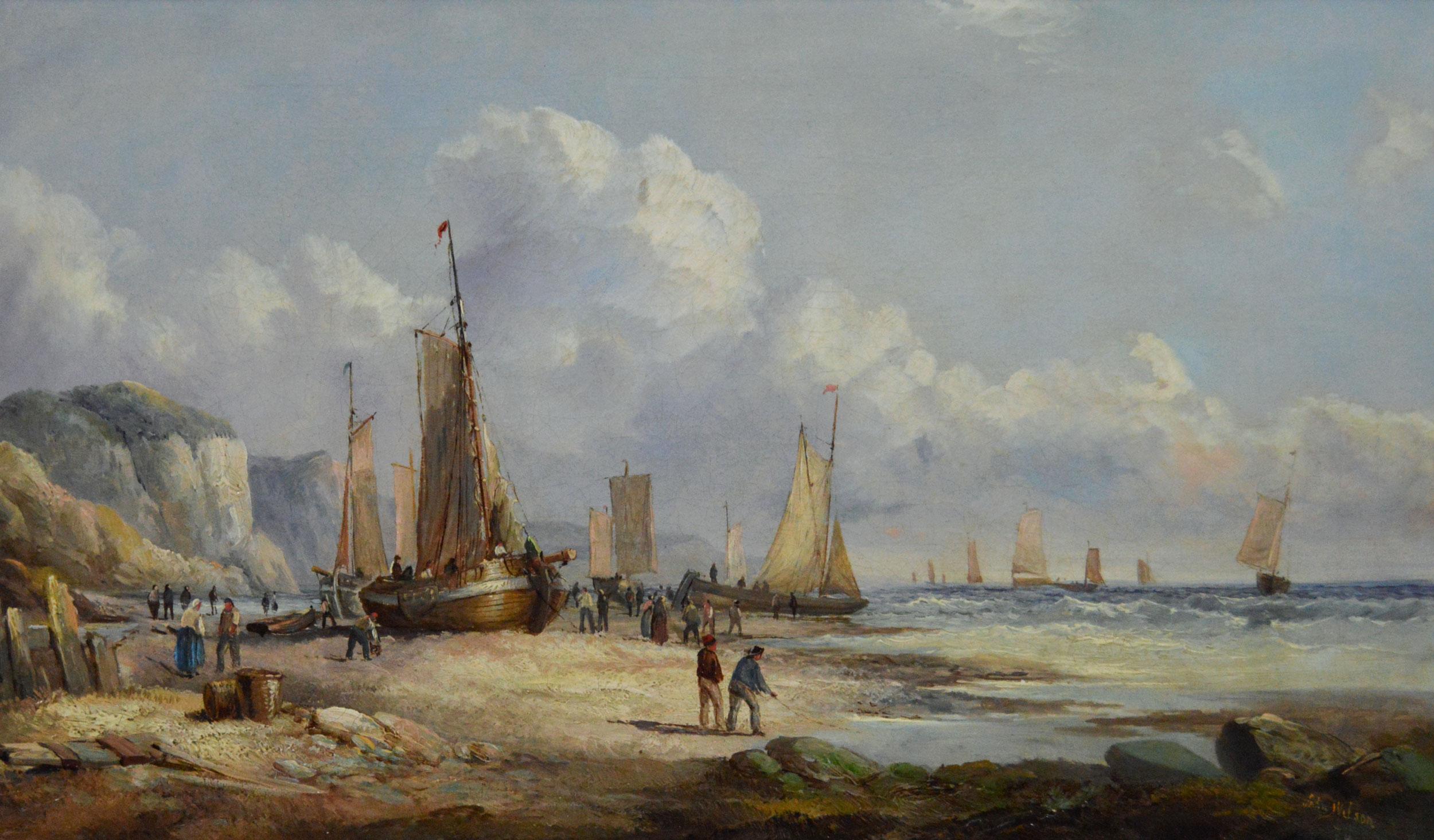 19th Century pair of marine oil paintings of boats off a coast & on a shore 2