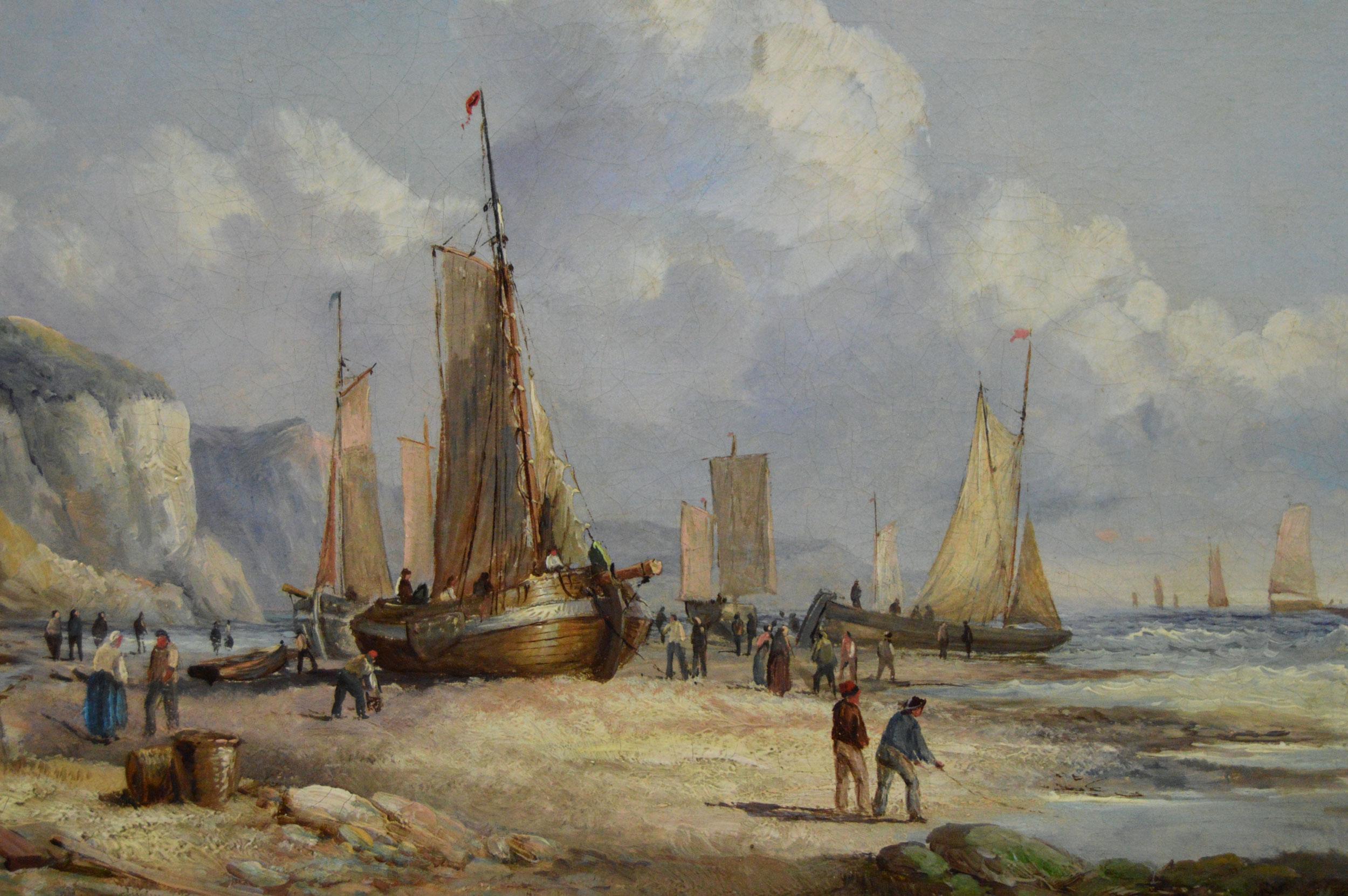 19th Century pair of marine oil paintings of boats off a coast & on a shore 3