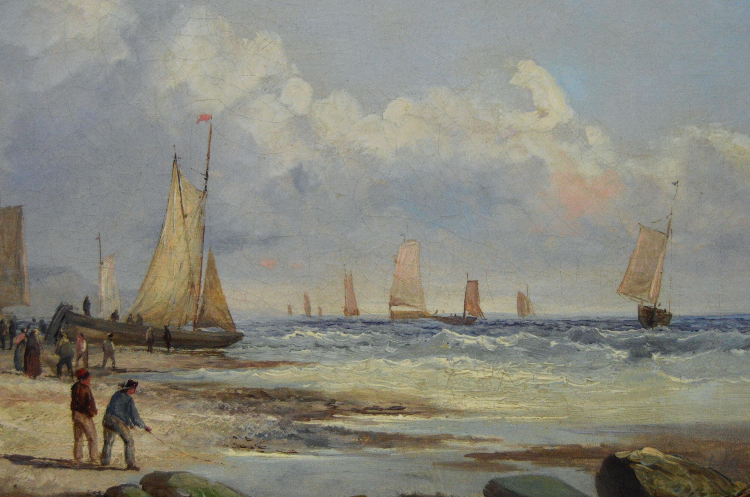19th Century pair of marine oil paintings of boats off a coast & on a shore 4