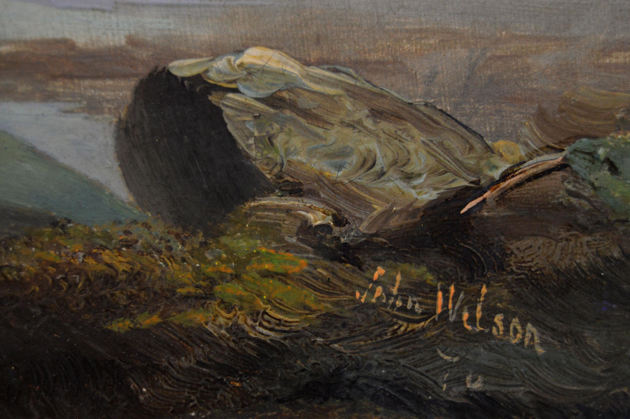 19th Century pair of marine oil paintings of boats off a coast & on a shore 5