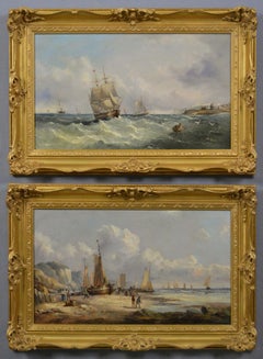 19th Century pair of marine oil paintings of boats off a coast & on a shore