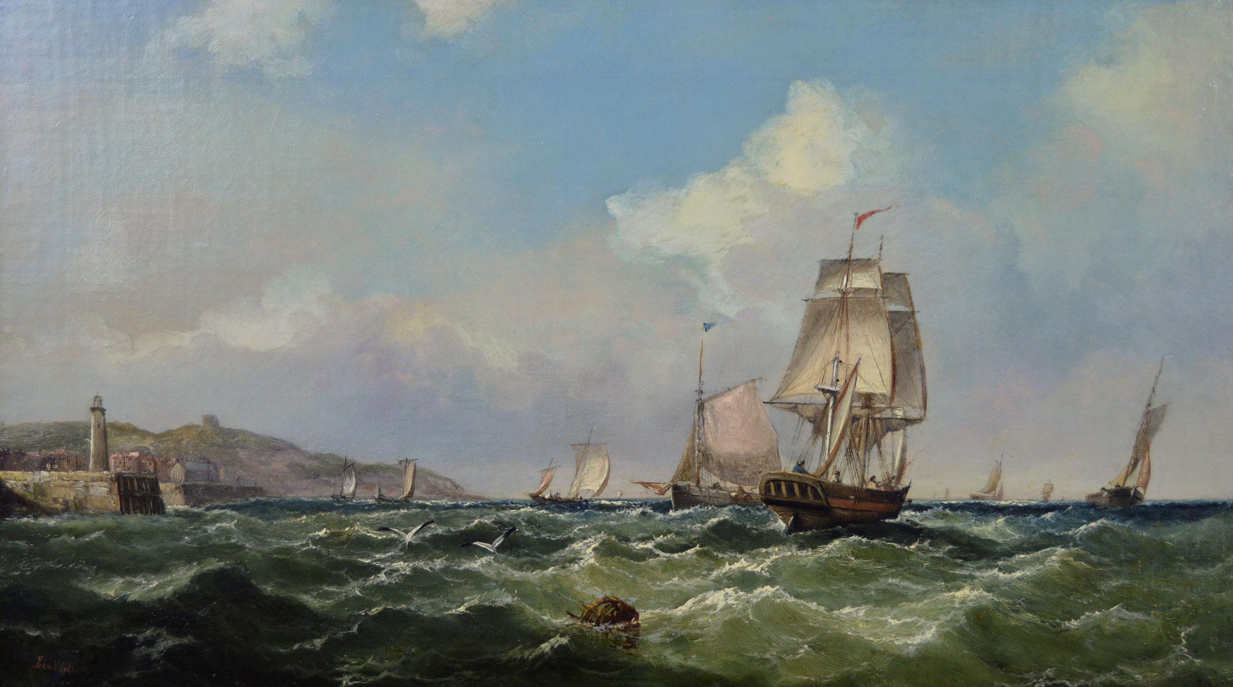 19th Century pair of marine oil paintings of ships off Scarborough & Portsmouth - Painting by John James Wilson