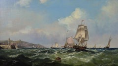 19th Century pair of marine oil paintings of ships off Scarborough & Portsmouth