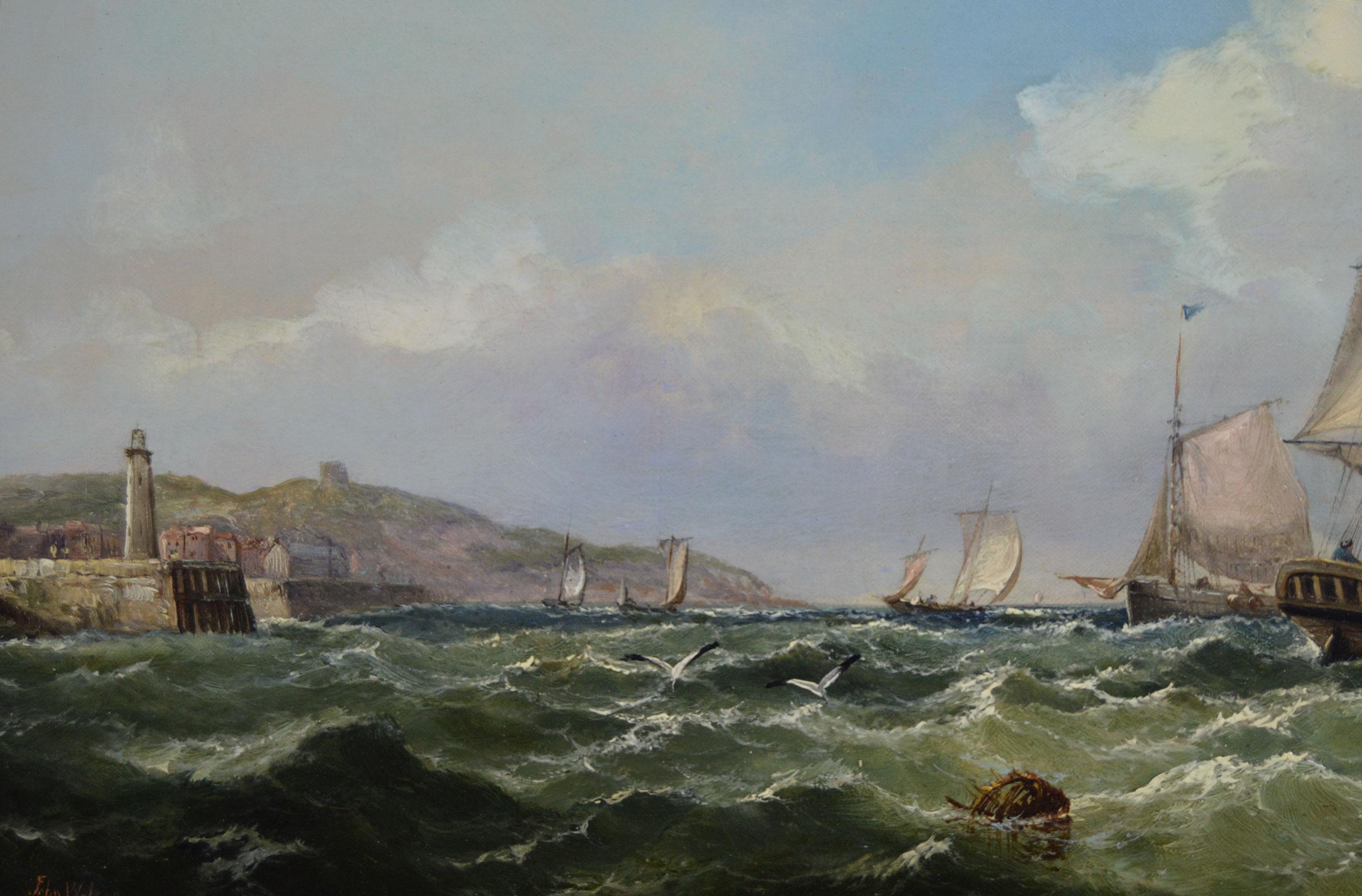 19th Century pair of marine oil paintings of ships off Scarborough & Portsmouth - Victorian Painting by John James Wilson