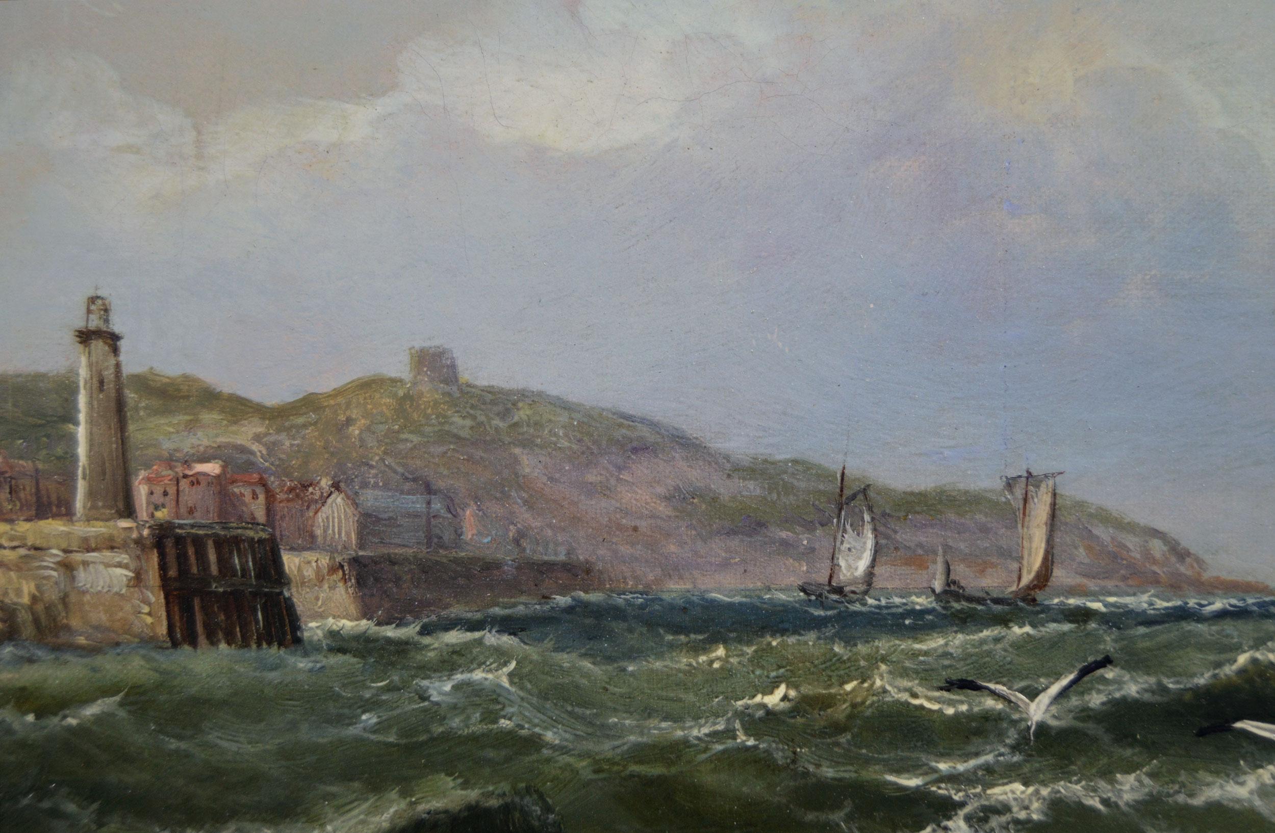 19th Century pair of marine oil paintings of ships off Scarborough & Portsmouth - Brown Landscape Painting by John James Wilson