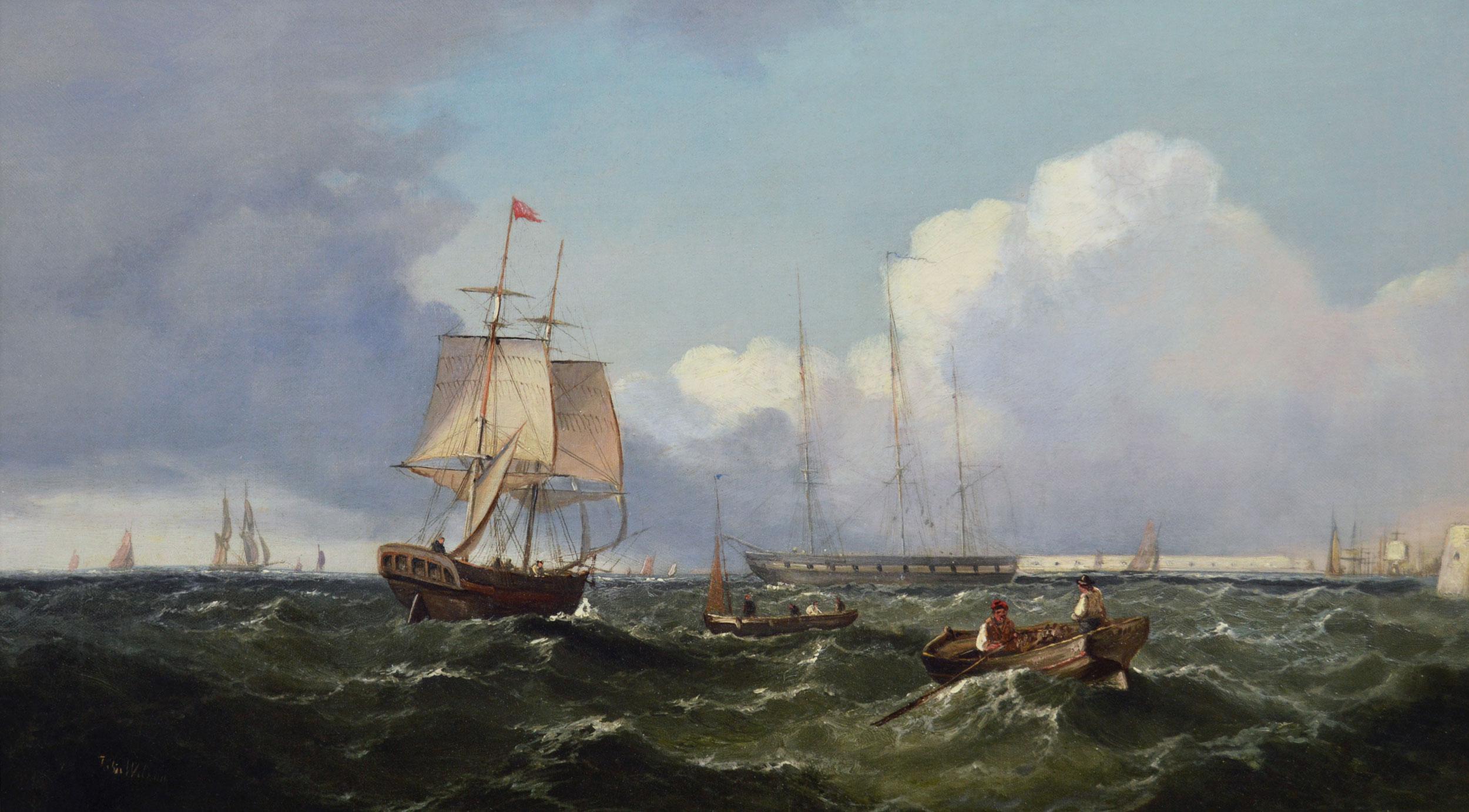 **PLEASE NOTE: EACH PAINTING INCLUDING THE FRAME MEASURES 18.5 INCHES X 26.5 INCHES**

John James Wilson 
British, (1818-1875)
Shipping off Scarborough & Shipping off Portsmouth Harbour
Oil on canvas, pair, both signed
Image size: 11.25 inches x